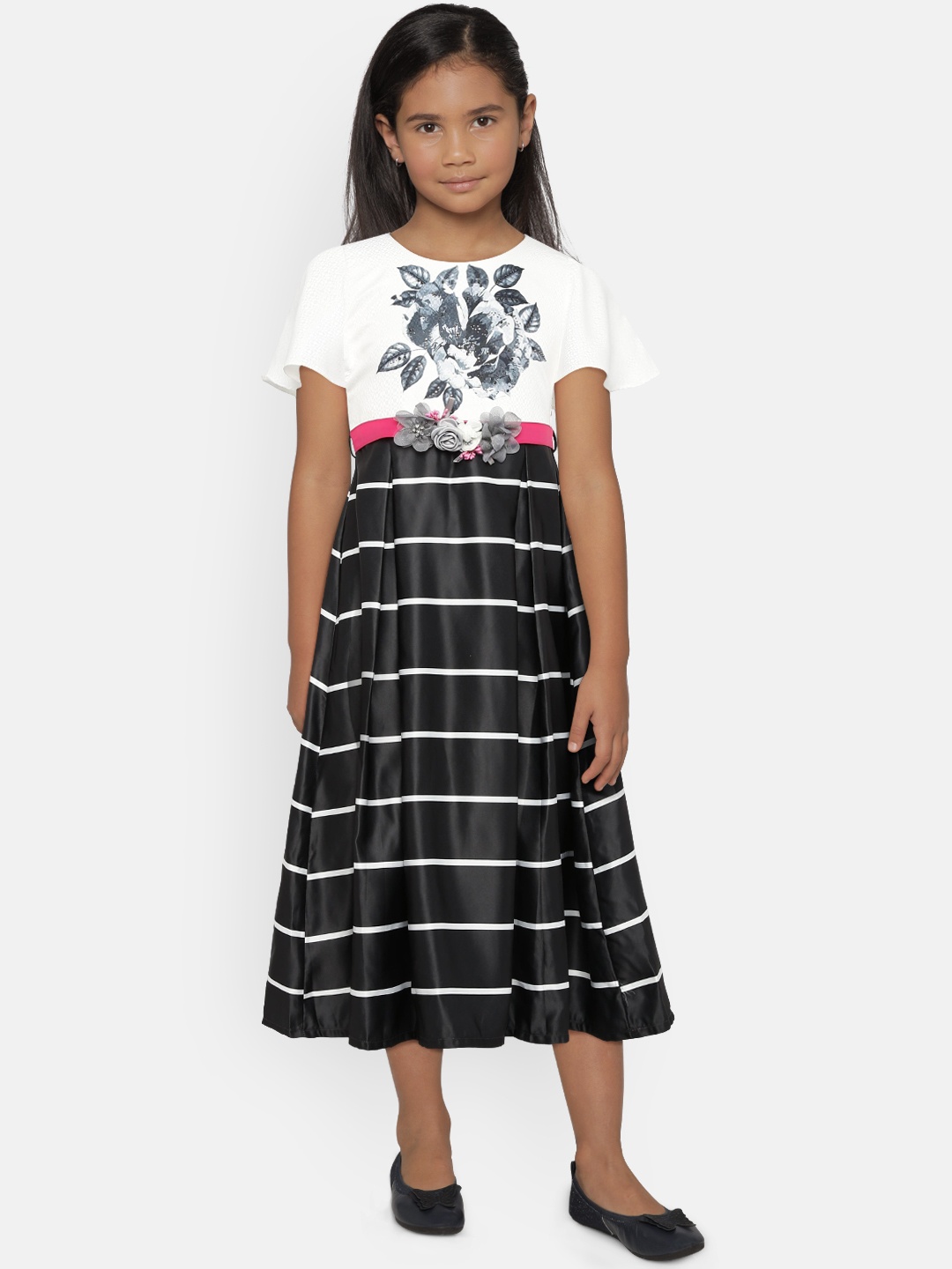 

Peppermint Girls White & Charcoal Black Fit and Flare Midi Dress
