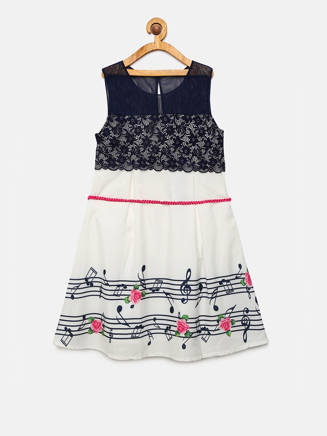 

Peppermint Girls Navy Blue & White Self Design Fit and Flare Dress