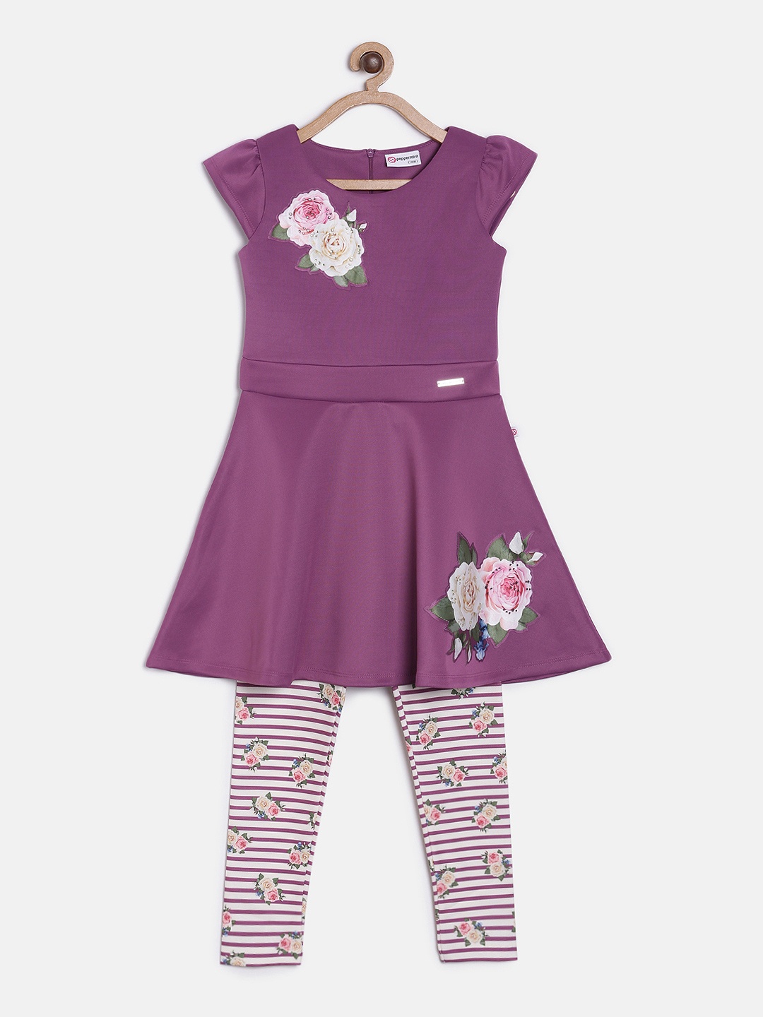 

Peppermint Girls Mauve Printed Fit and Flare Dress with Leggings