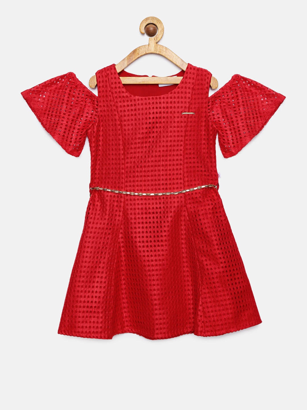 

Peppermint Girls Red Self Design Fit and Flare Dress
