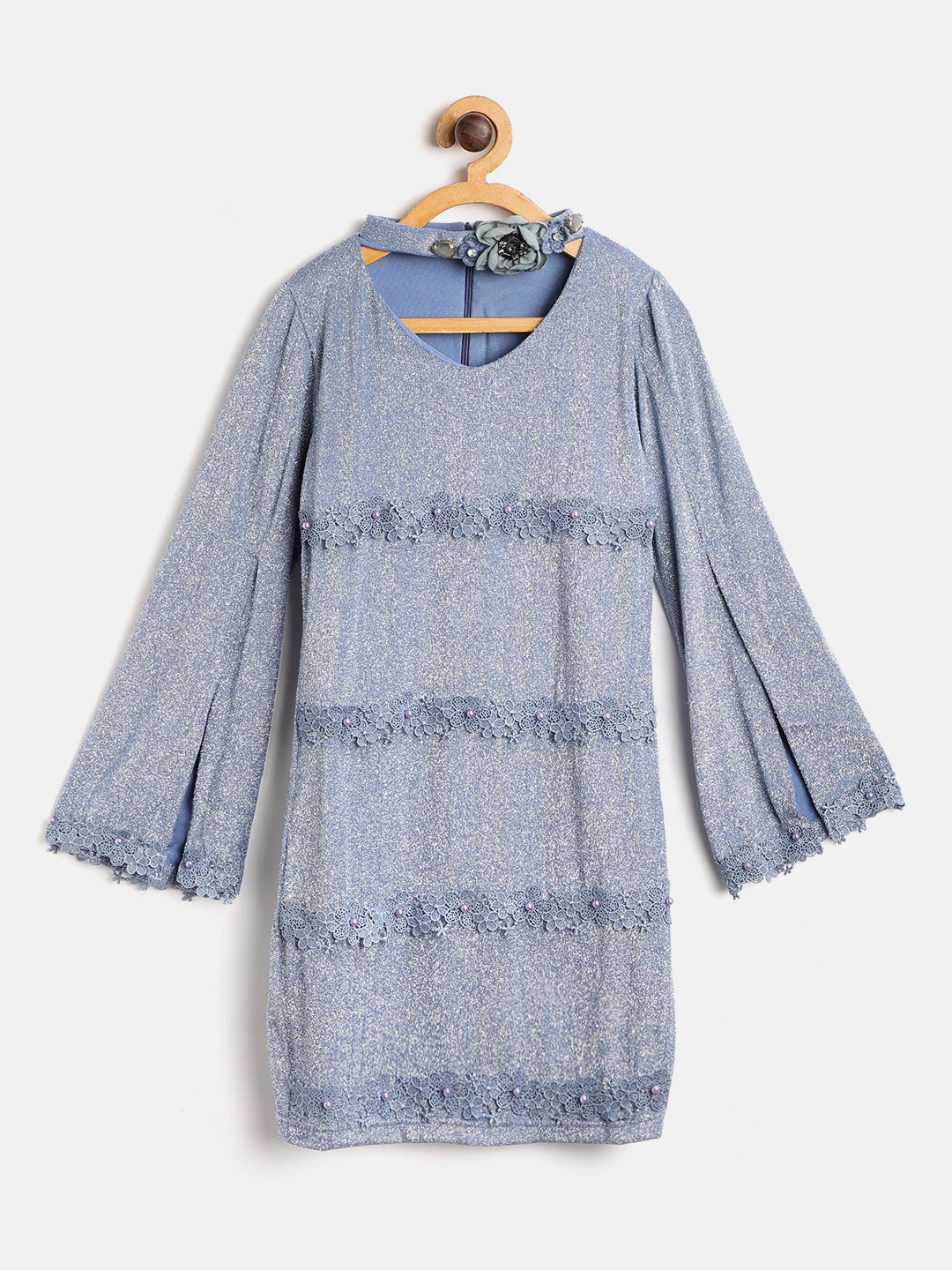 

Peppermint Girls Blue Shimmer Shift Dress with Lace Detail
