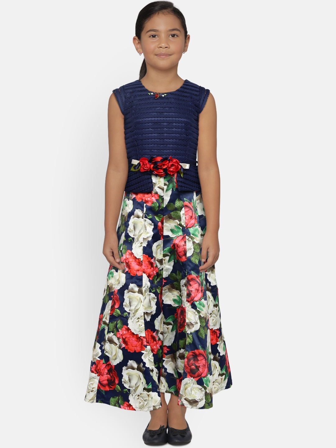 

Peppermint Girls Navy Blue & Red Printed Fit and Flare Maxi Dress