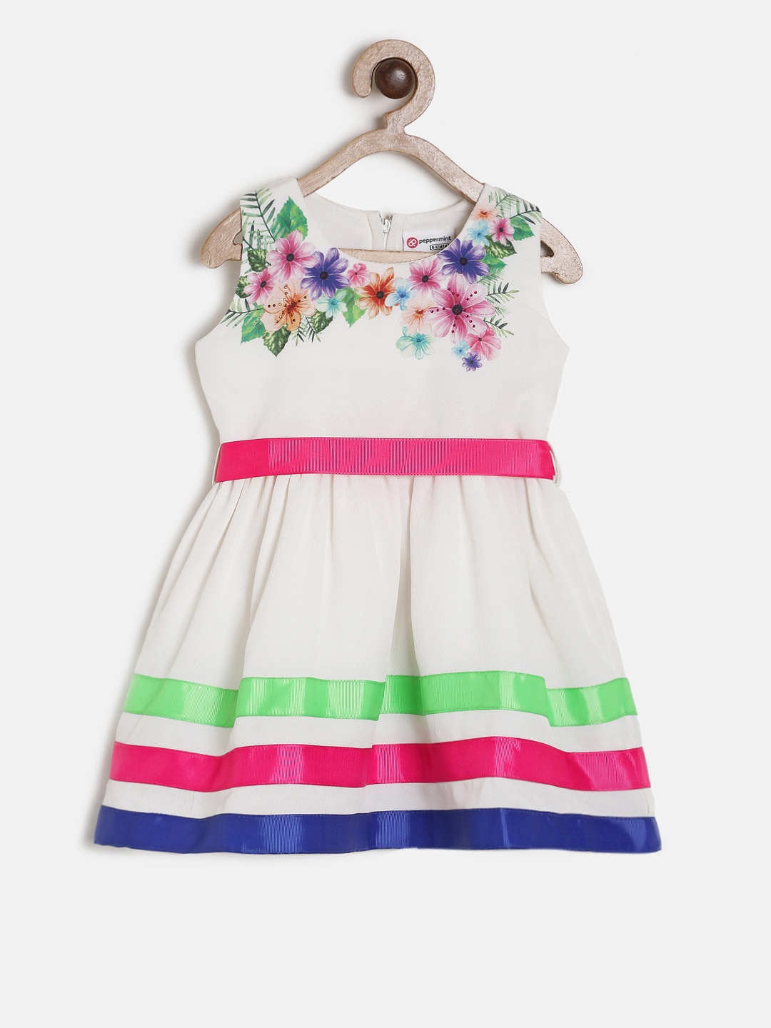 

Peppermint Girls Off-White & Pink Fit and Flare Printed Dress
