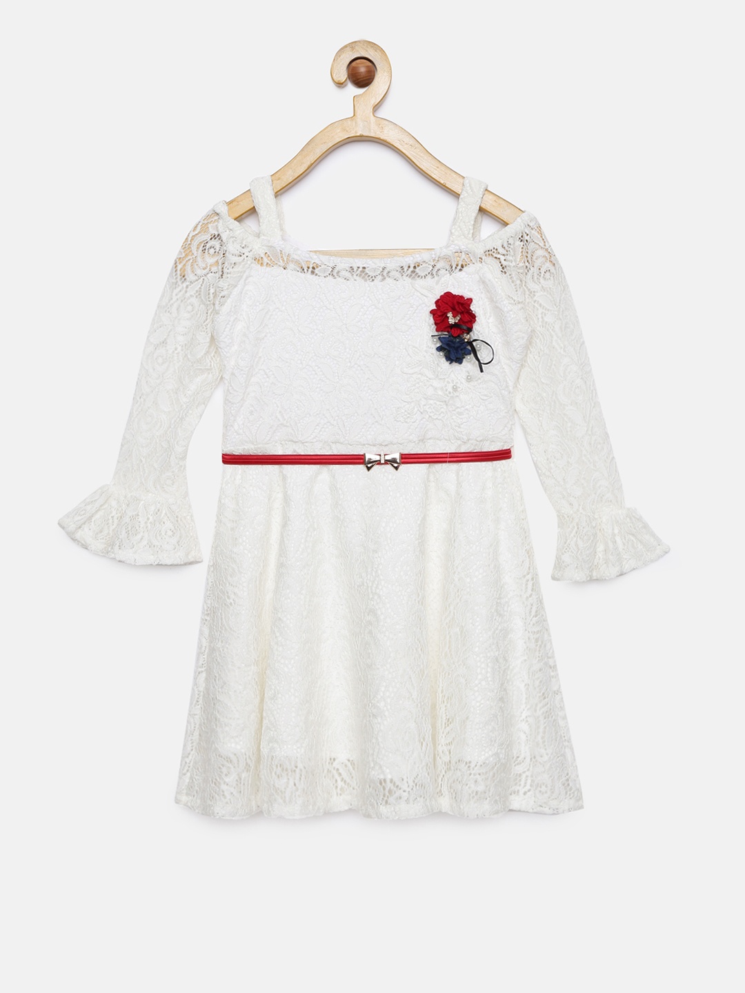 

Peppermint Girls Off-White Self Design Fit and Flare Dress