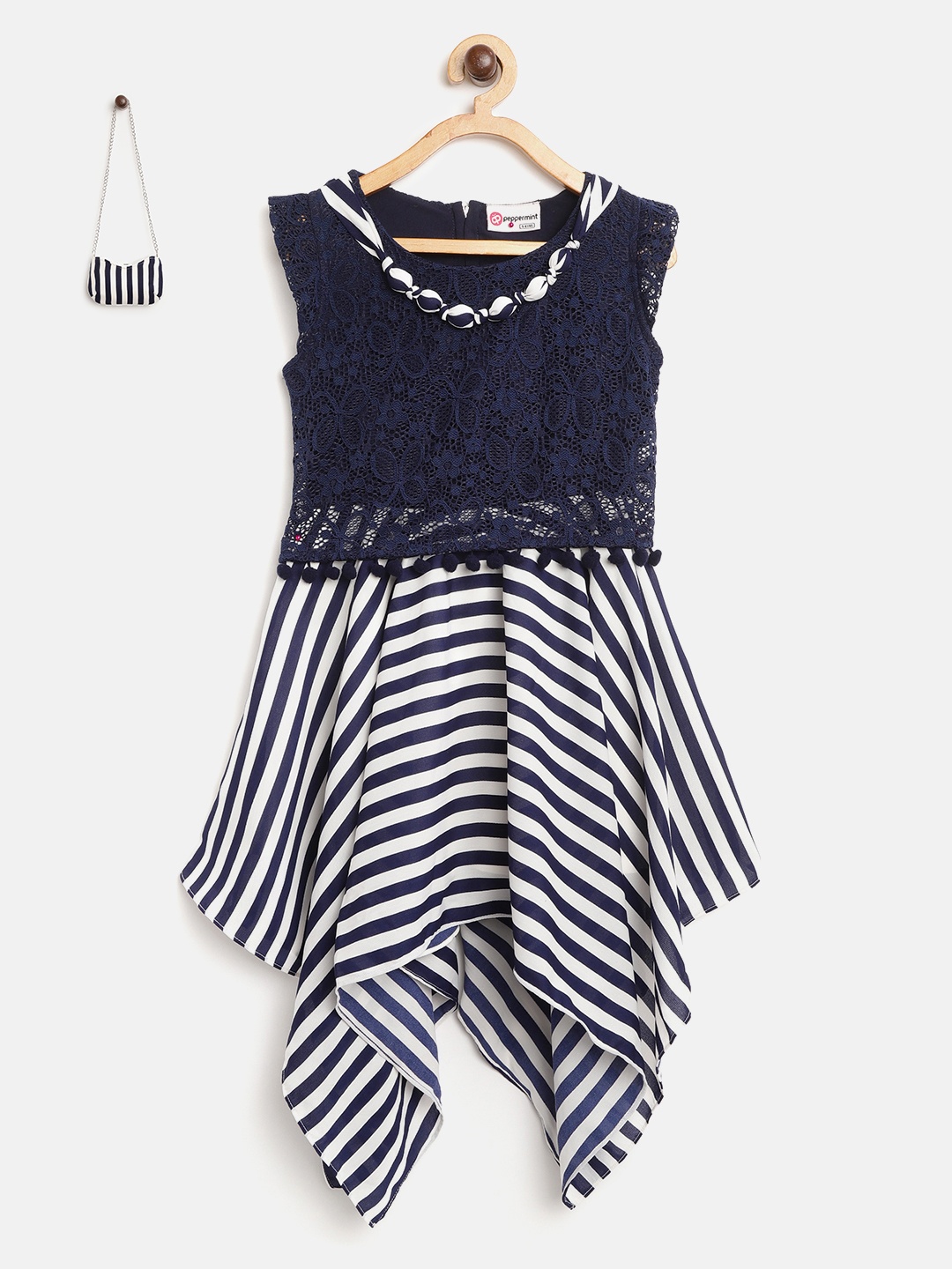 

Peppermint Girls Navy Blue & White Striped Fit and Flare Dress