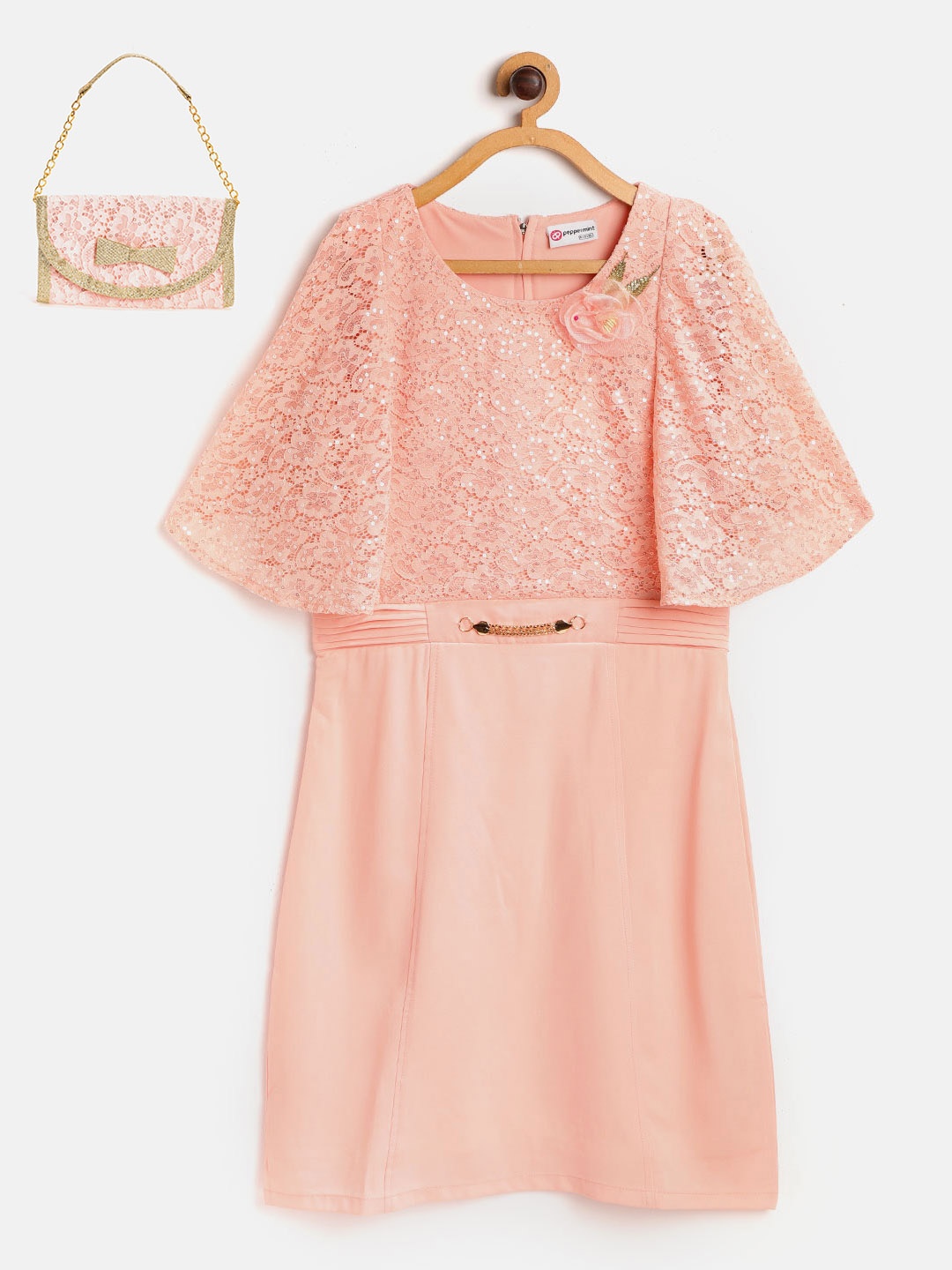 

Peppermint Girls Peach-Coloured Self Design Layered A-Line Dress with Clutch