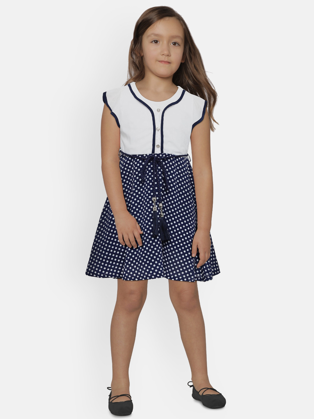 

Peppermint Girls Navy Blue & White Printed Fit and Flare Dress