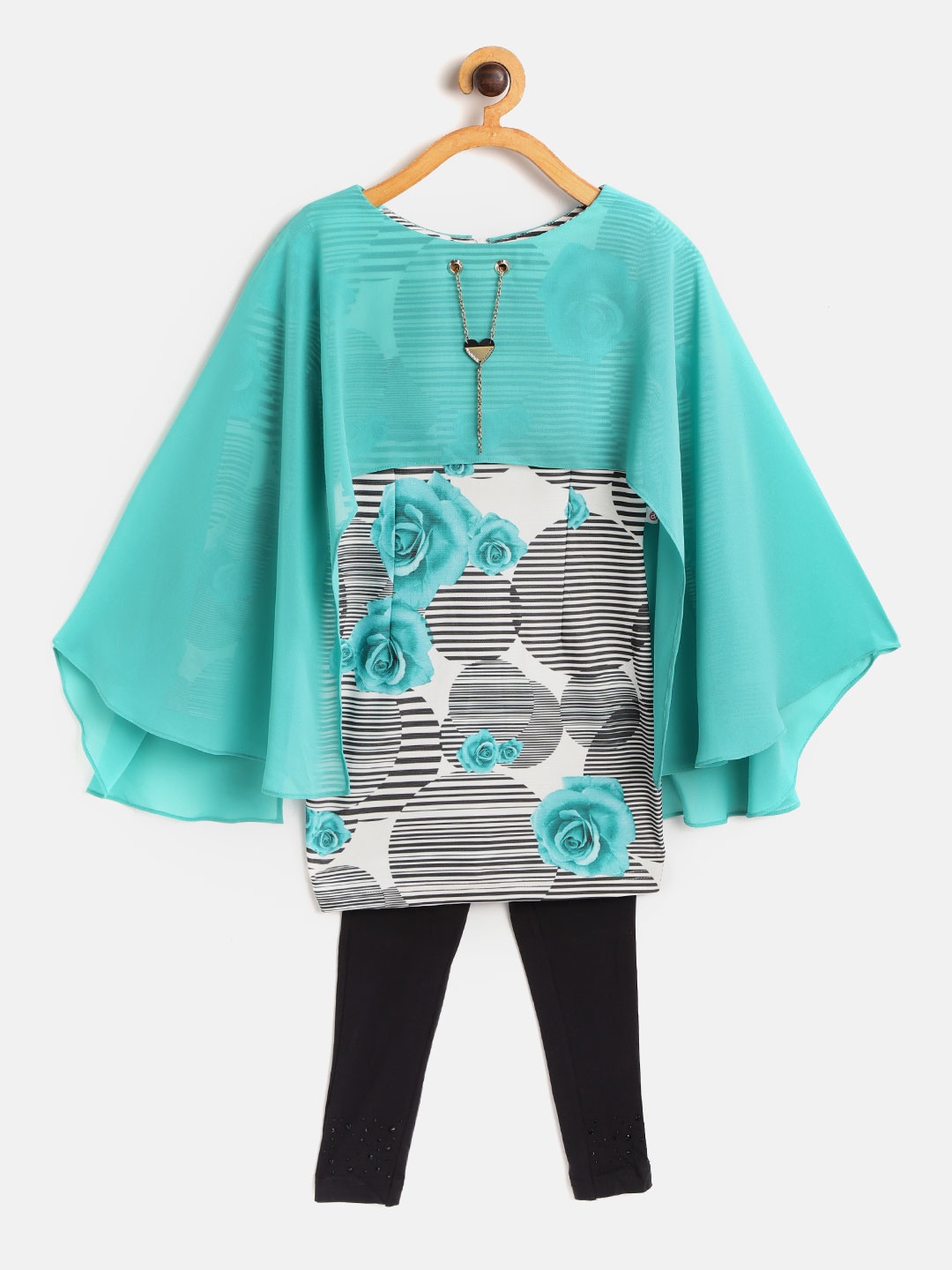 

Peppermint Girls Sea Green & Black Striped Sheath Dress with Leggings