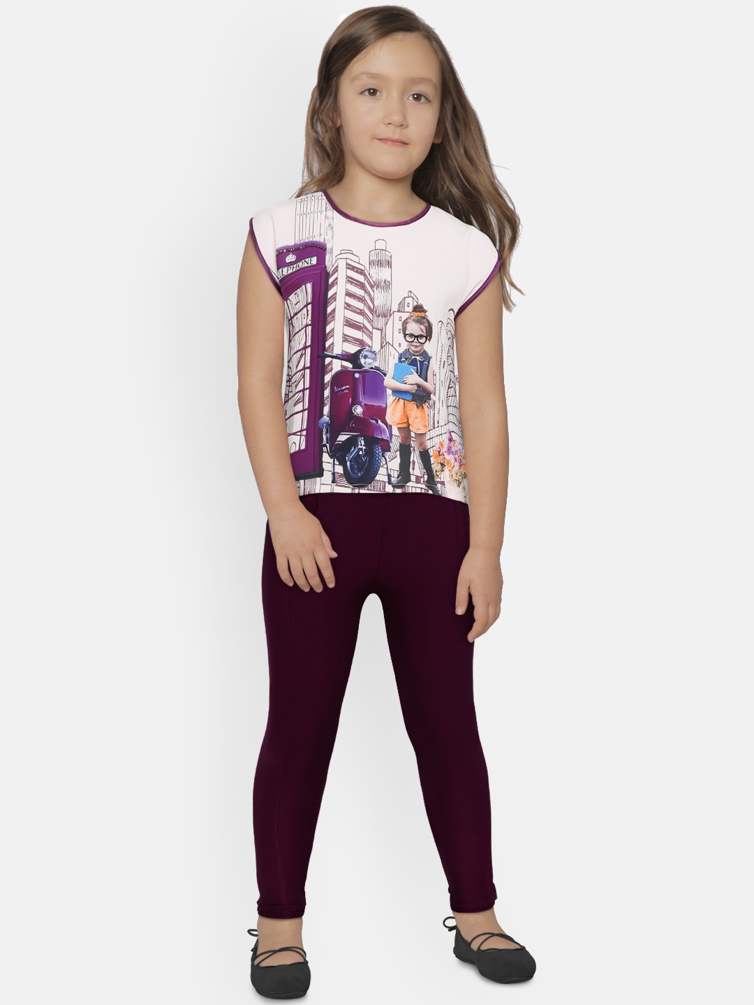 

Peppermint Girls Purple & Off-White Printed T-shirt with Leggings