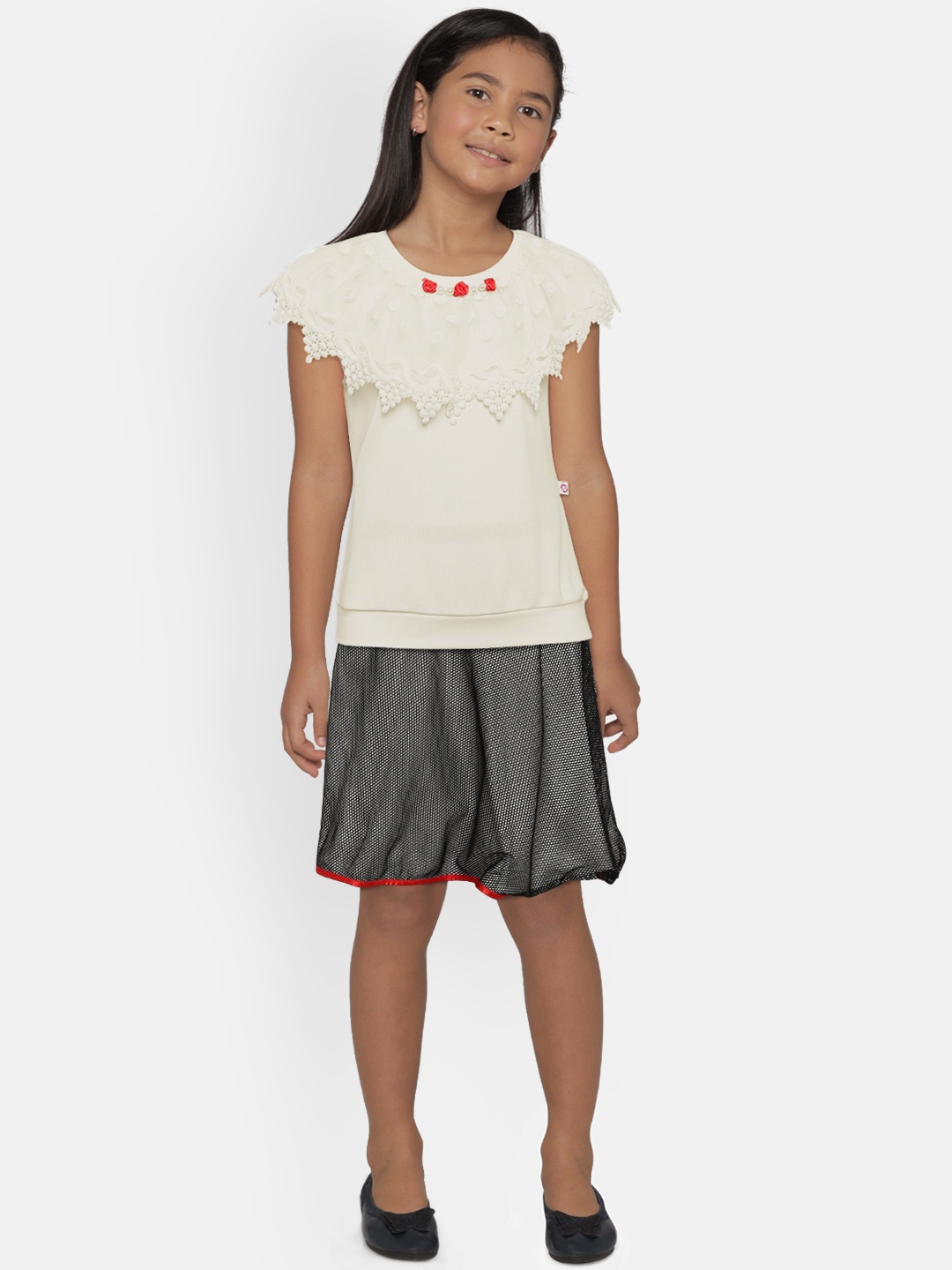 

Peppermint Girls Off-White & Black Solid Top with Skirt