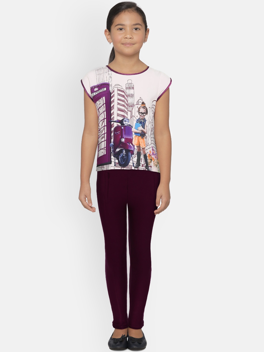 

Peppermint Girls White & Purple Printed Top with Leggings