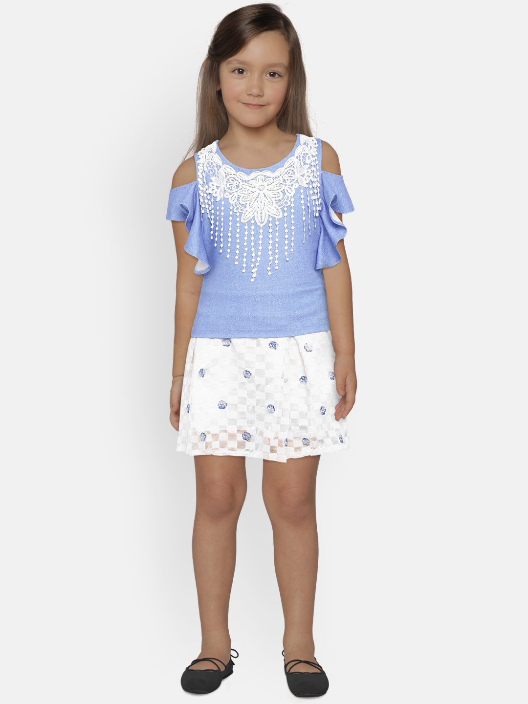 

Peppermint Girls Blue & White Embellished Top with Skirt