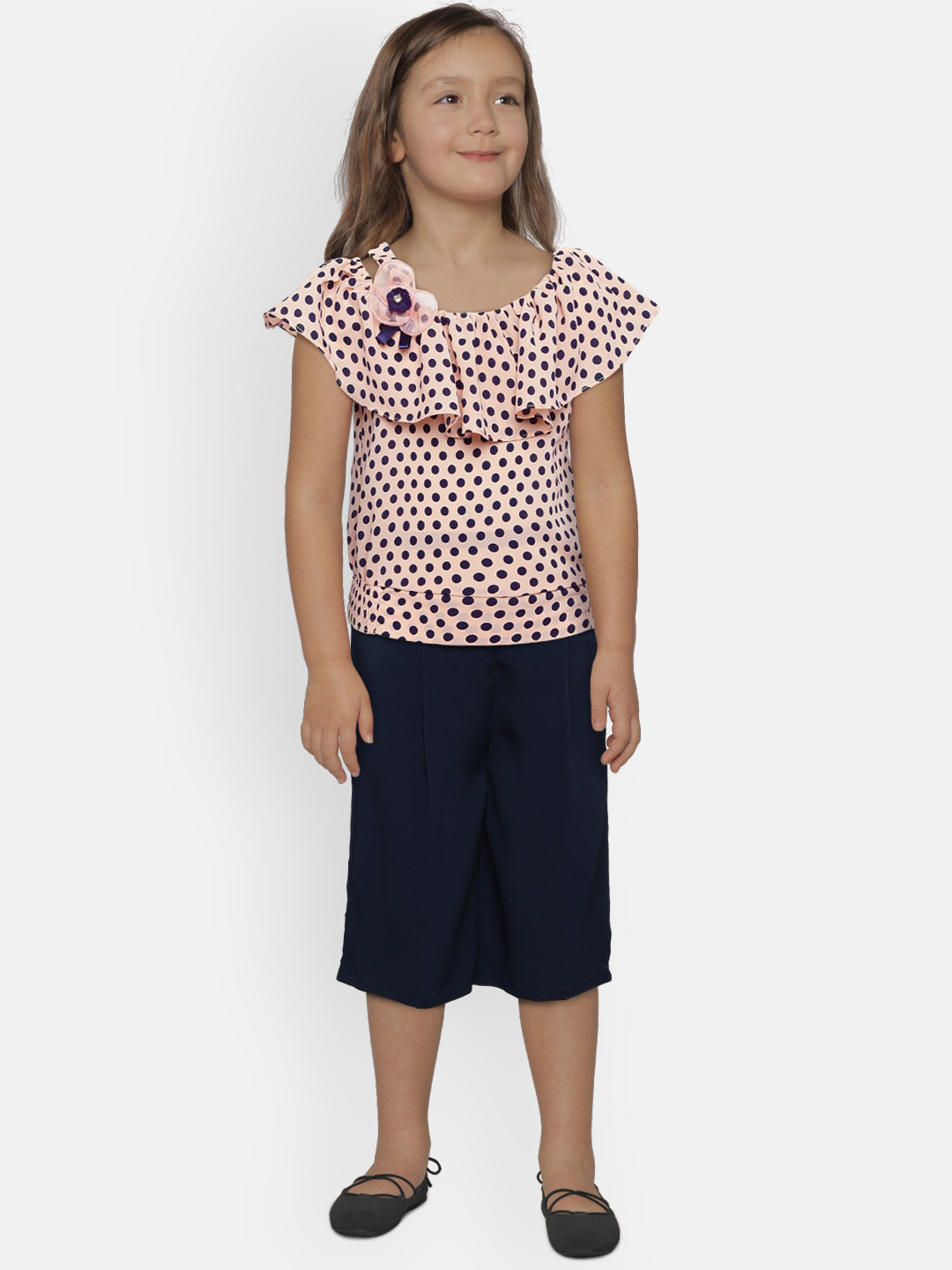 

Peppermint Girls Peach-Coloured & Navy Blue Printed Top with Culotte