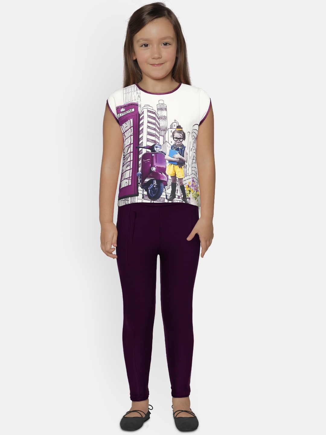 

Peppermint Girls Purple & Off-White Printed Top with Leggings