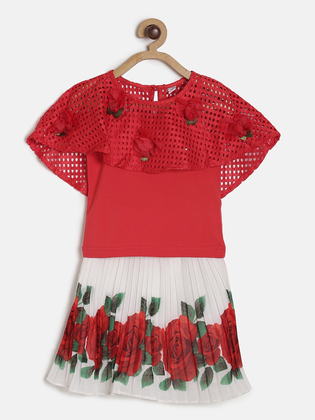 

Peppermint Girls Red & White Self-Design Shrug with Pleated Skirt