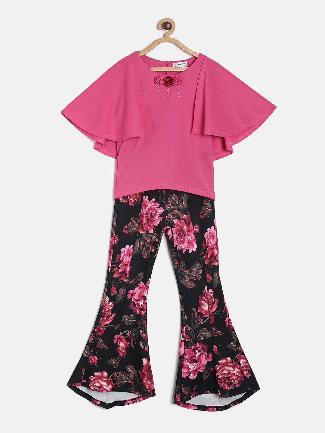 

Peppermint Girls Pink & Black Solid Top with Flared Trousers
