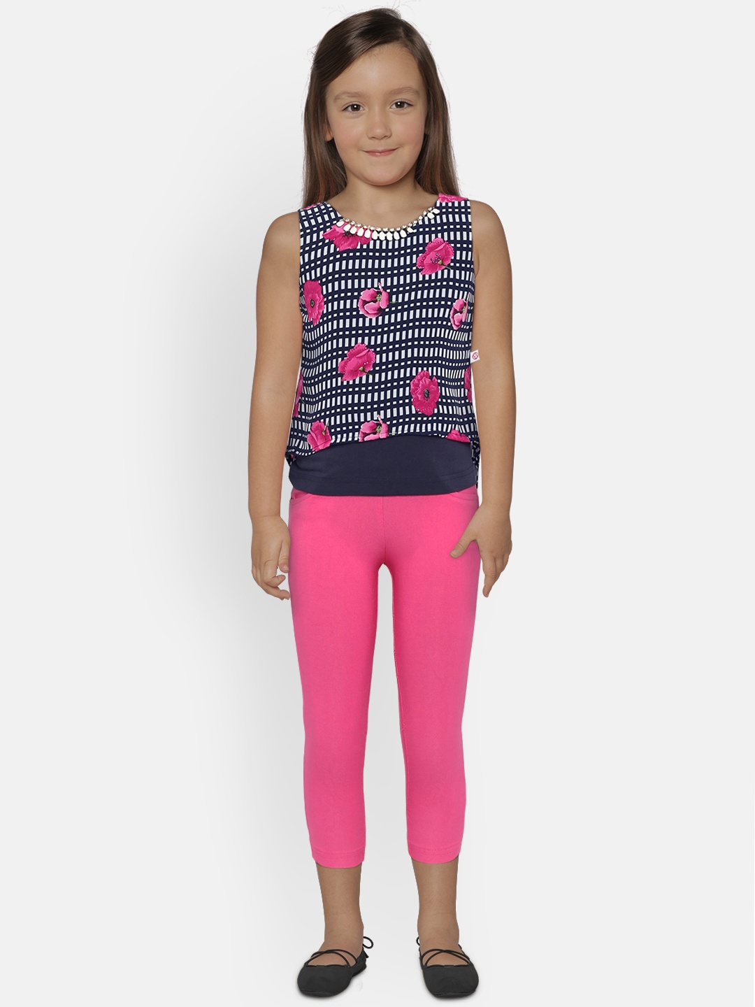 

Peppermint Girls Navy Blue & Pink Printed Top with Leggings