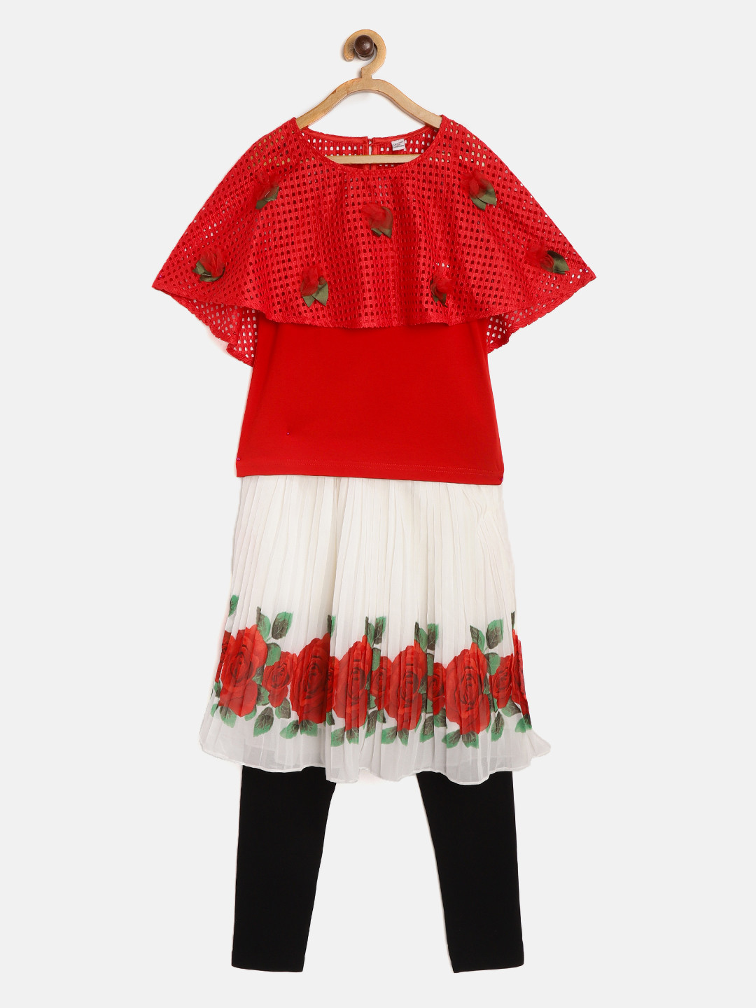 

Peppermint Girls Red & Off-White Top with Skirt & Leggings