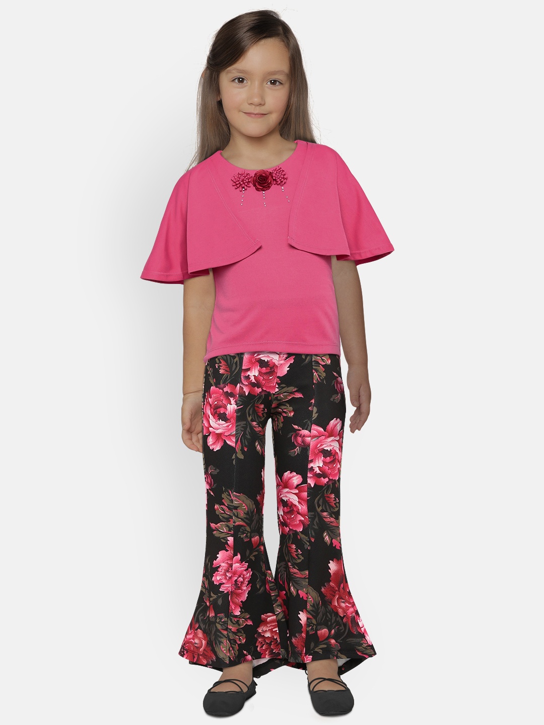 

Peppermint Girls Pink Embellished Top with Black Printed Trousers