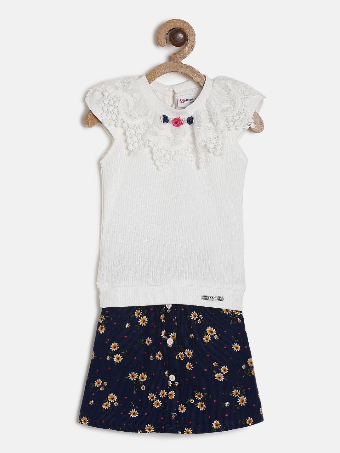 

Peppermint Girls White & Navy blue Solid Top with Skirt