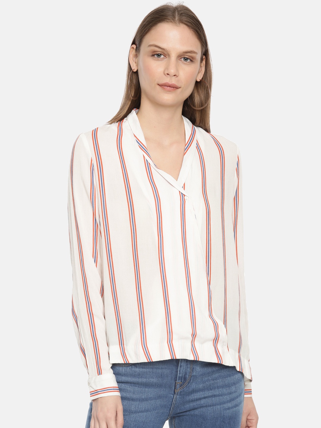 

Vero Moda Women White & Red Striped Shirt Style Top