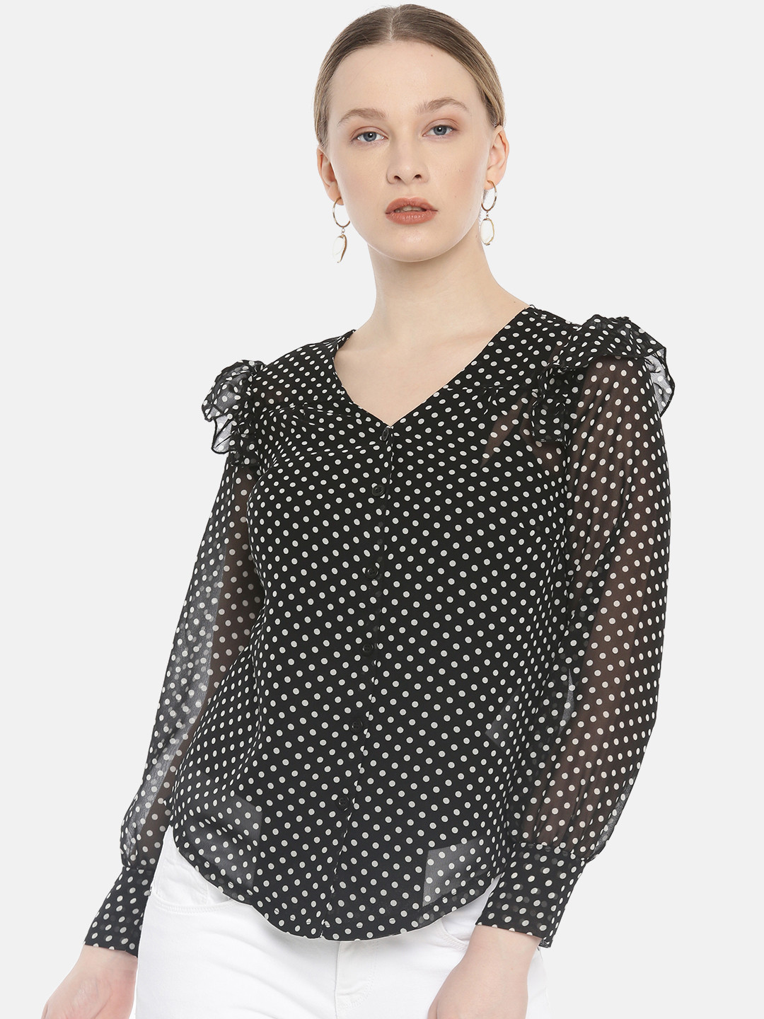 

Vero Moda Women Black & White Printed Semi-Sheer Top