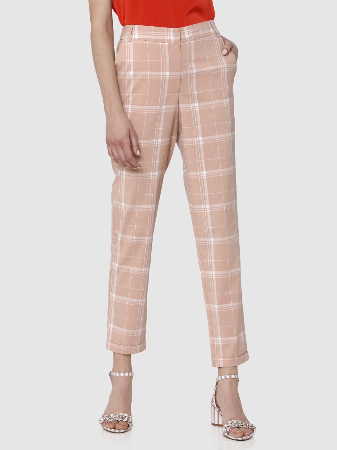 

Vero Moda Women Peach-Coloured & white Checked Slim Fit Regular Trousers