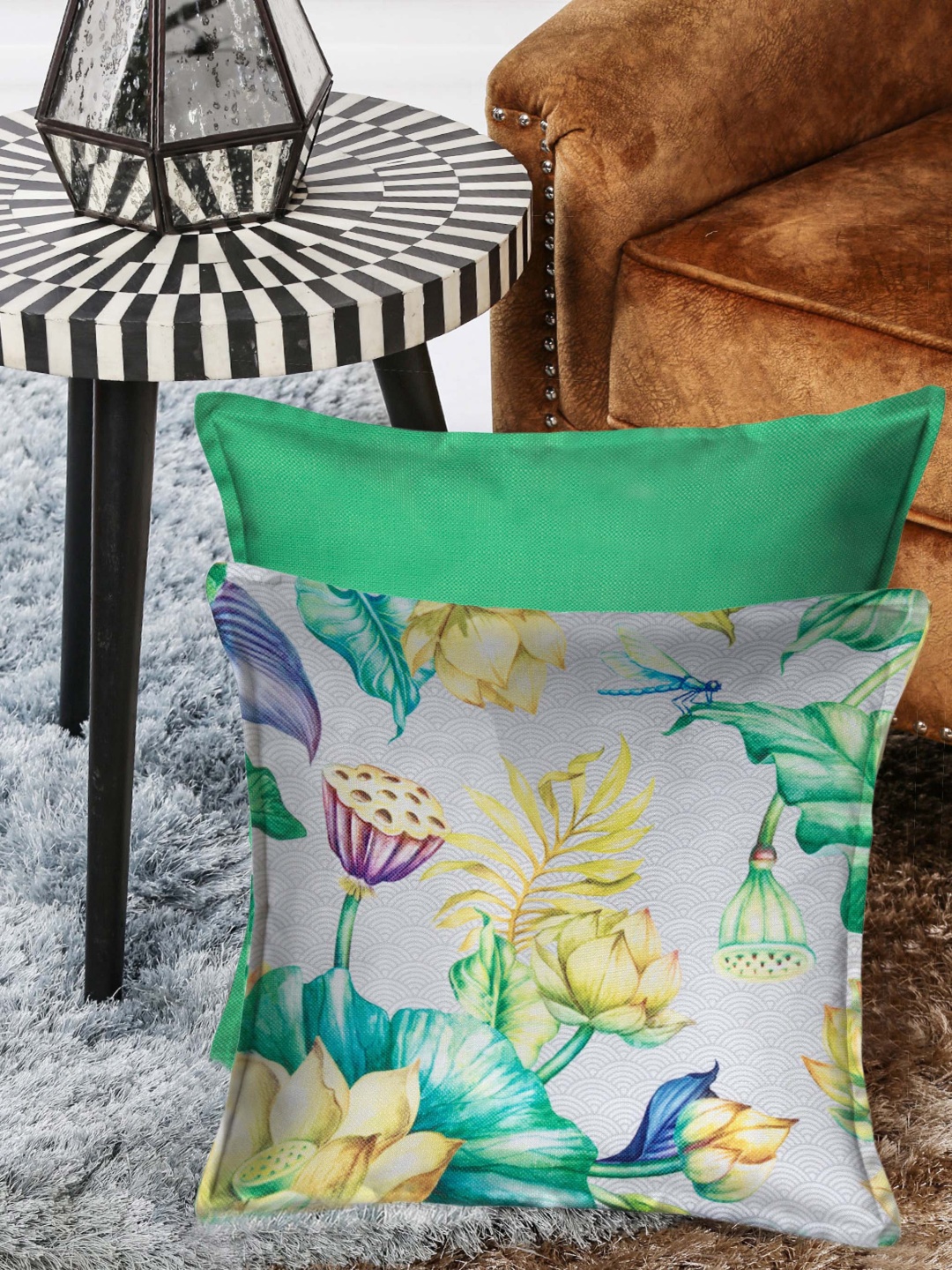 

HOUZZCODE Green Set of 2 Floral Square Cushion Covers