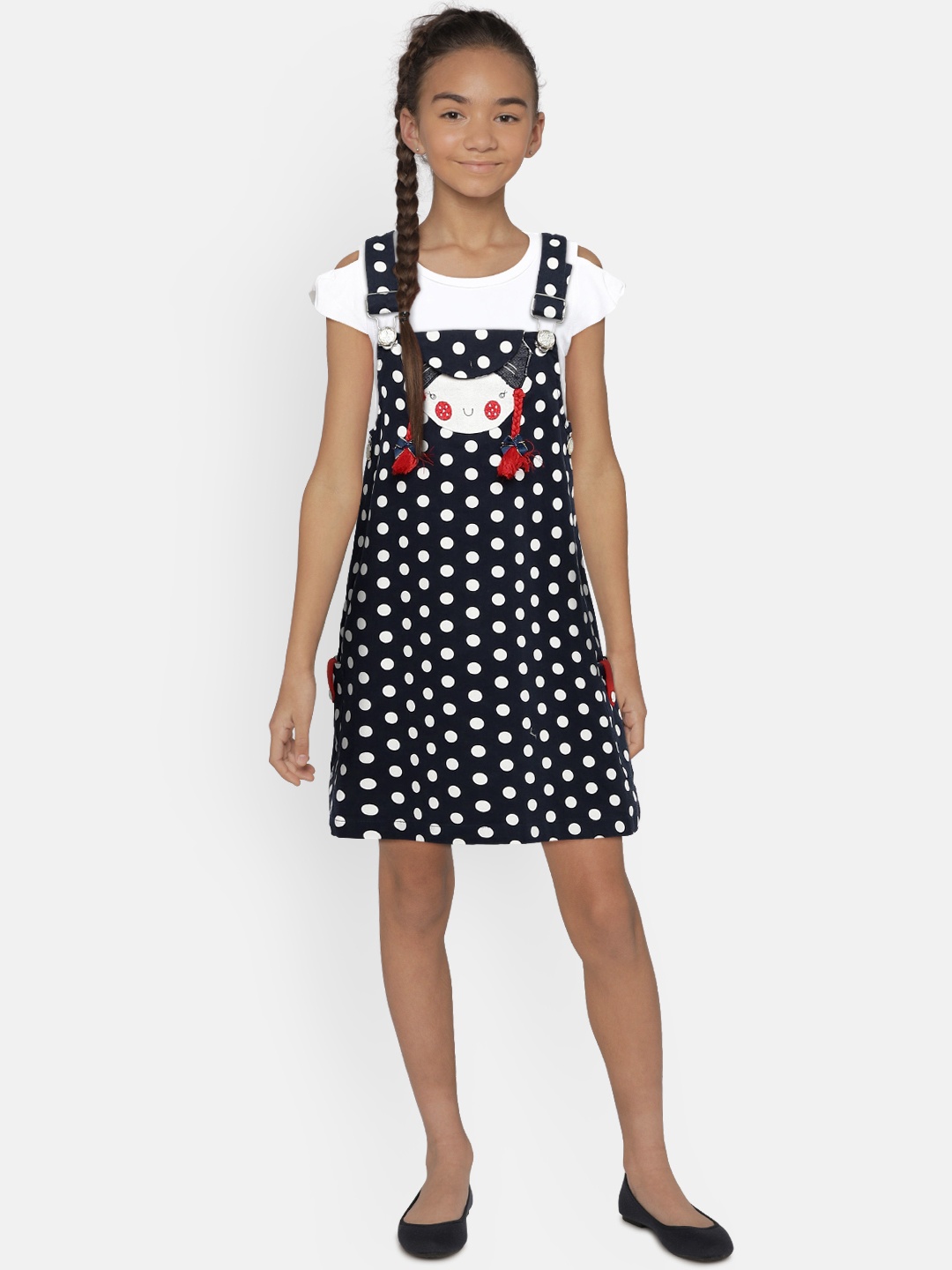 

Peppermint Girls Navy Blue Printed Pinafore Dress with a T-shirt
