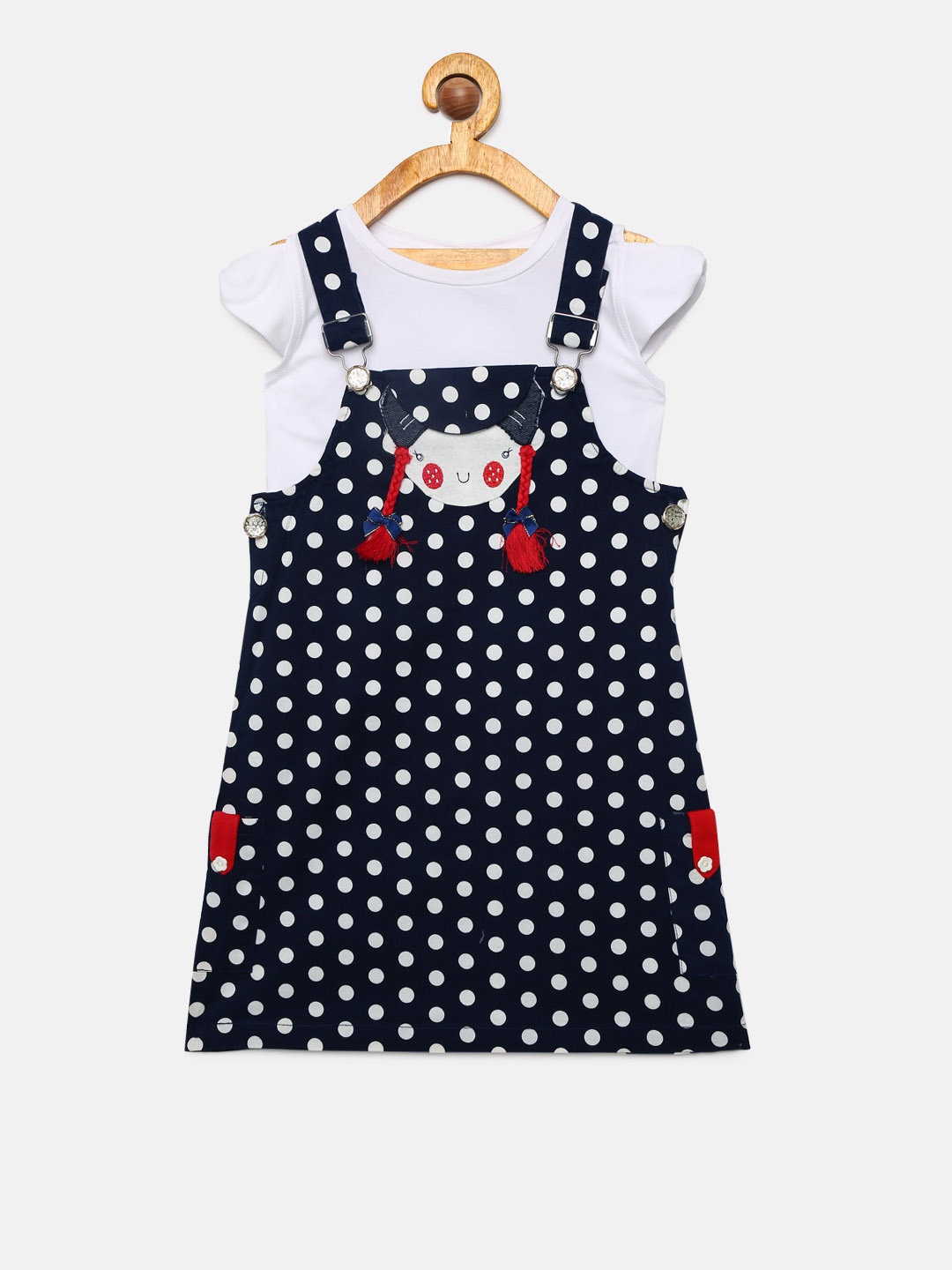 

Peppermint Girls Navy Blue & White Printed Pinafore Dress With Tshirt