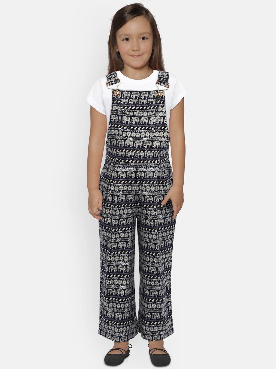 

Peppermint Girls Navy Blue Printed Dungarees
