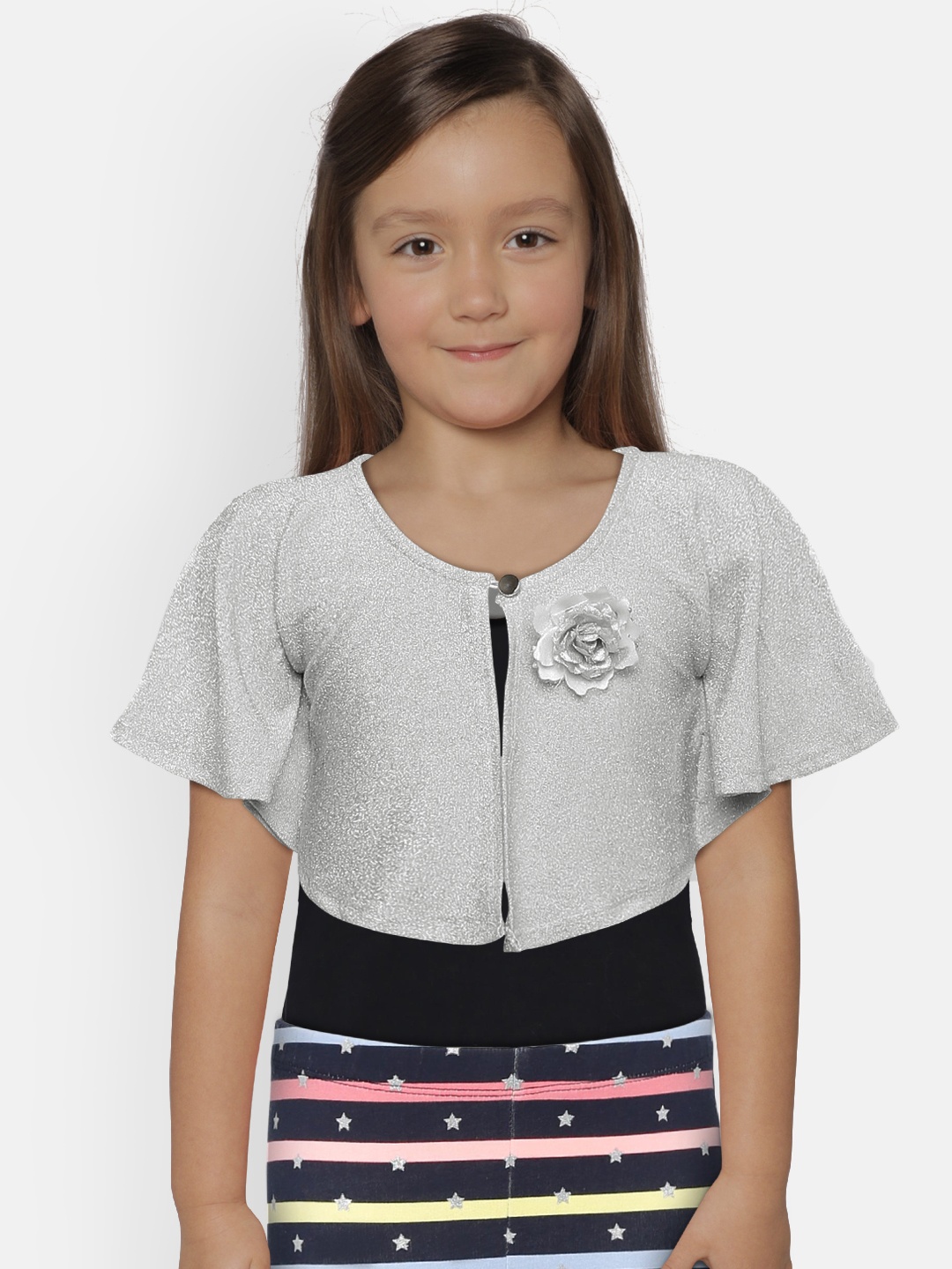 

Peppermint Girls Silver-Toned Self Design Open Front Shrug