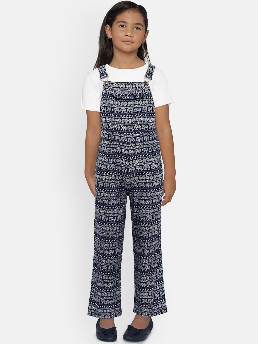 

Peppermint Girls Navy Blue & Off-White Printed Dungarees