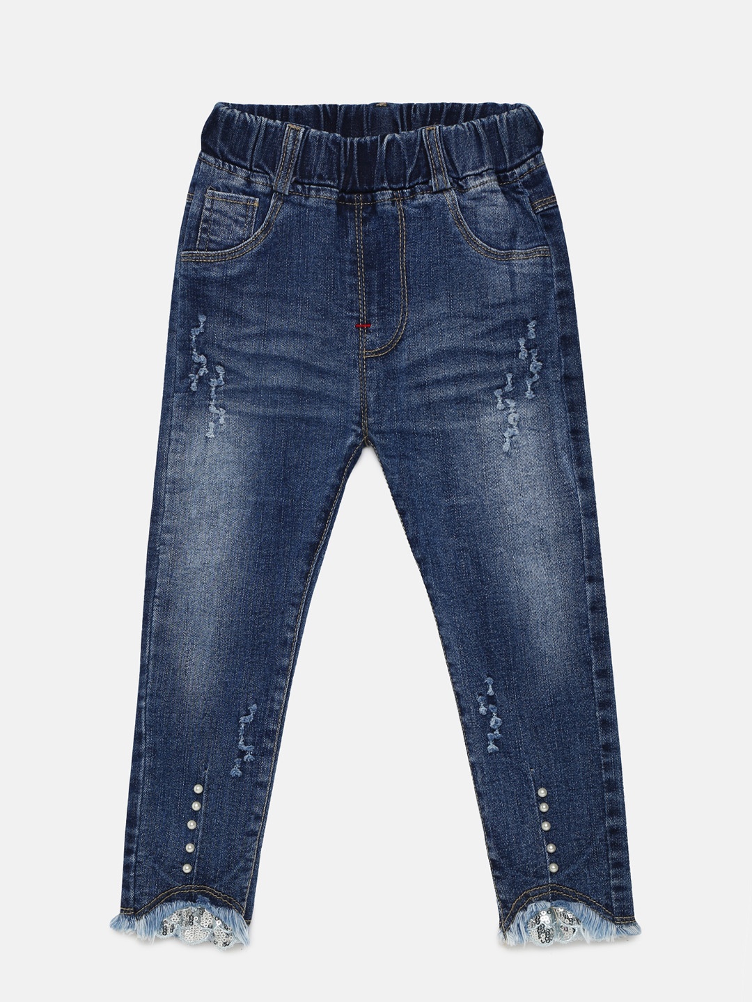 

Peppermint Girls Navy Blue Slim Fit Mid-Rise Embellished Low Distress Jeans