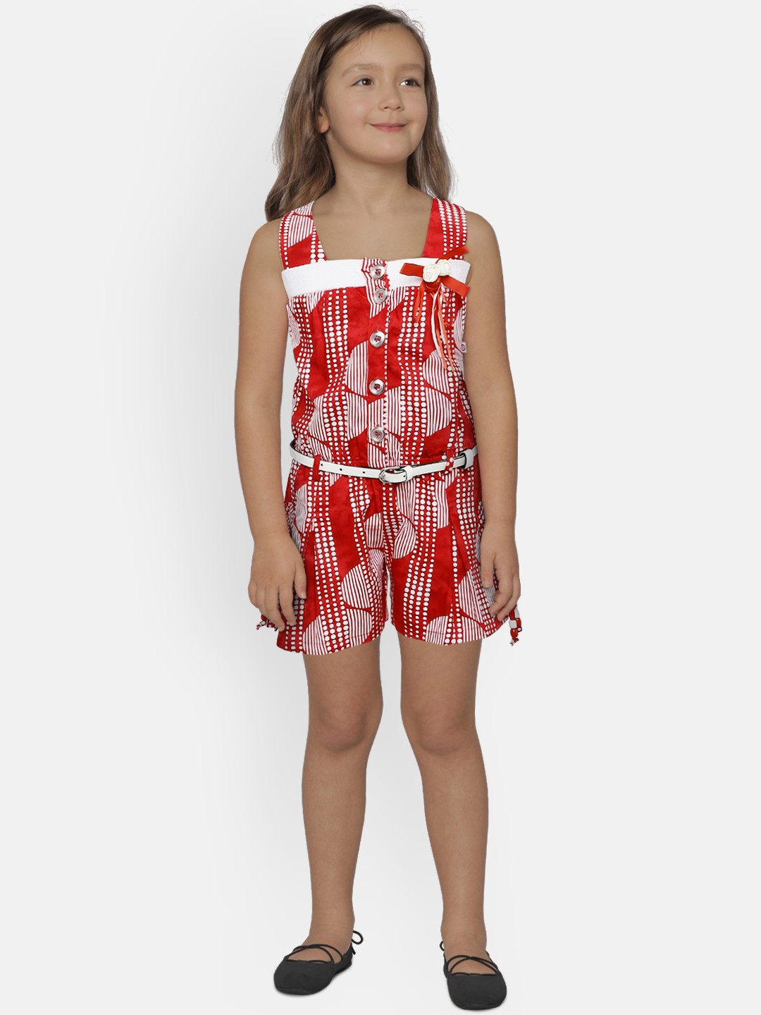 

Peppermint Girls Red & White Printed Basic Jumpsuit