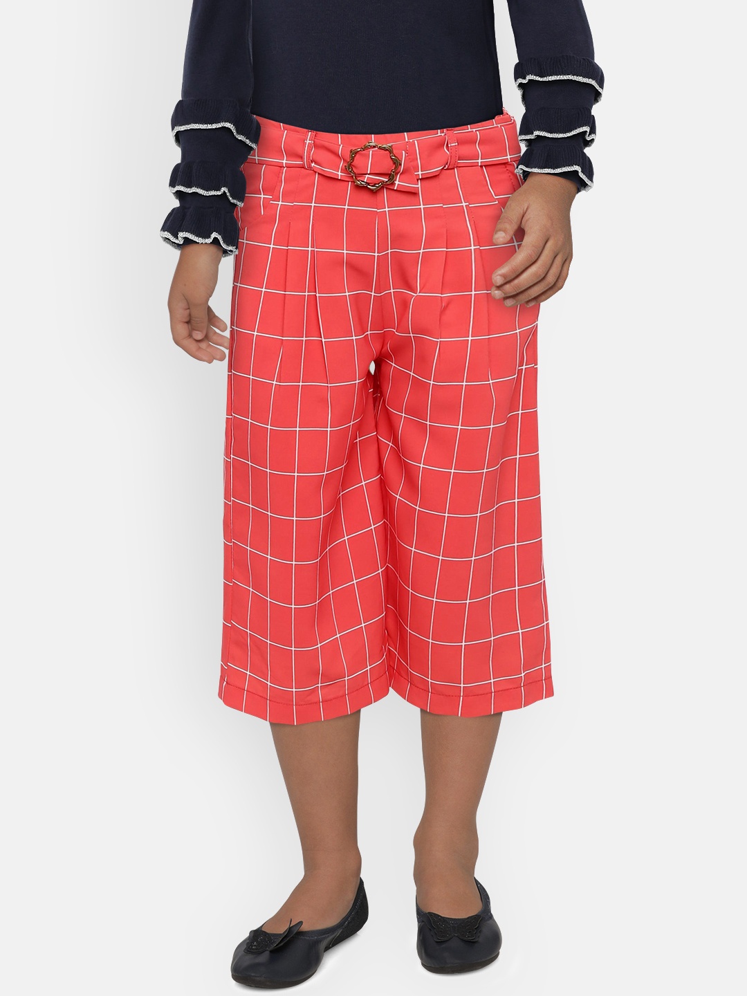 

Peppermint Girls Peach-Coloured Loose Fit Checked Culottes