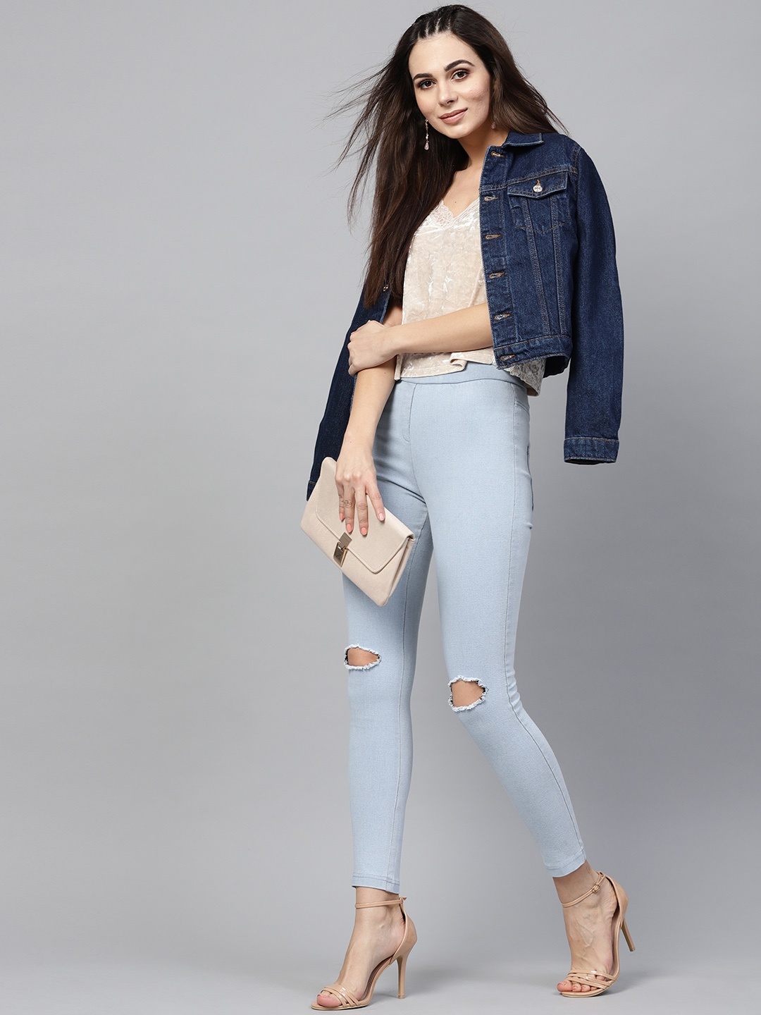 

SASSAFRAS Women Blue Slim Fit Solid Slash Knee Cropped Jeggings
