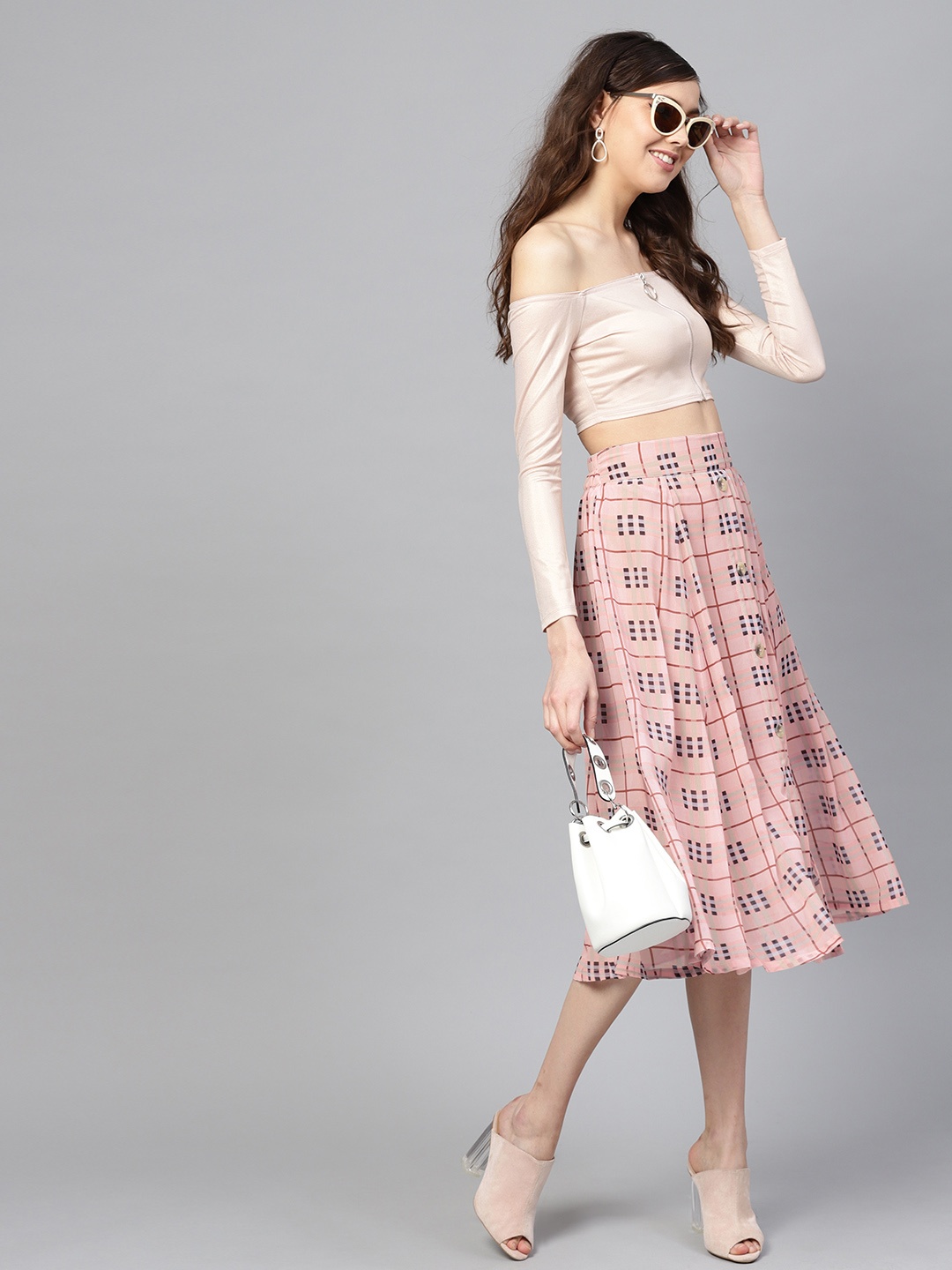 

SASSAFRAS Women Pink & Black Checked Midi A-Line Skirt