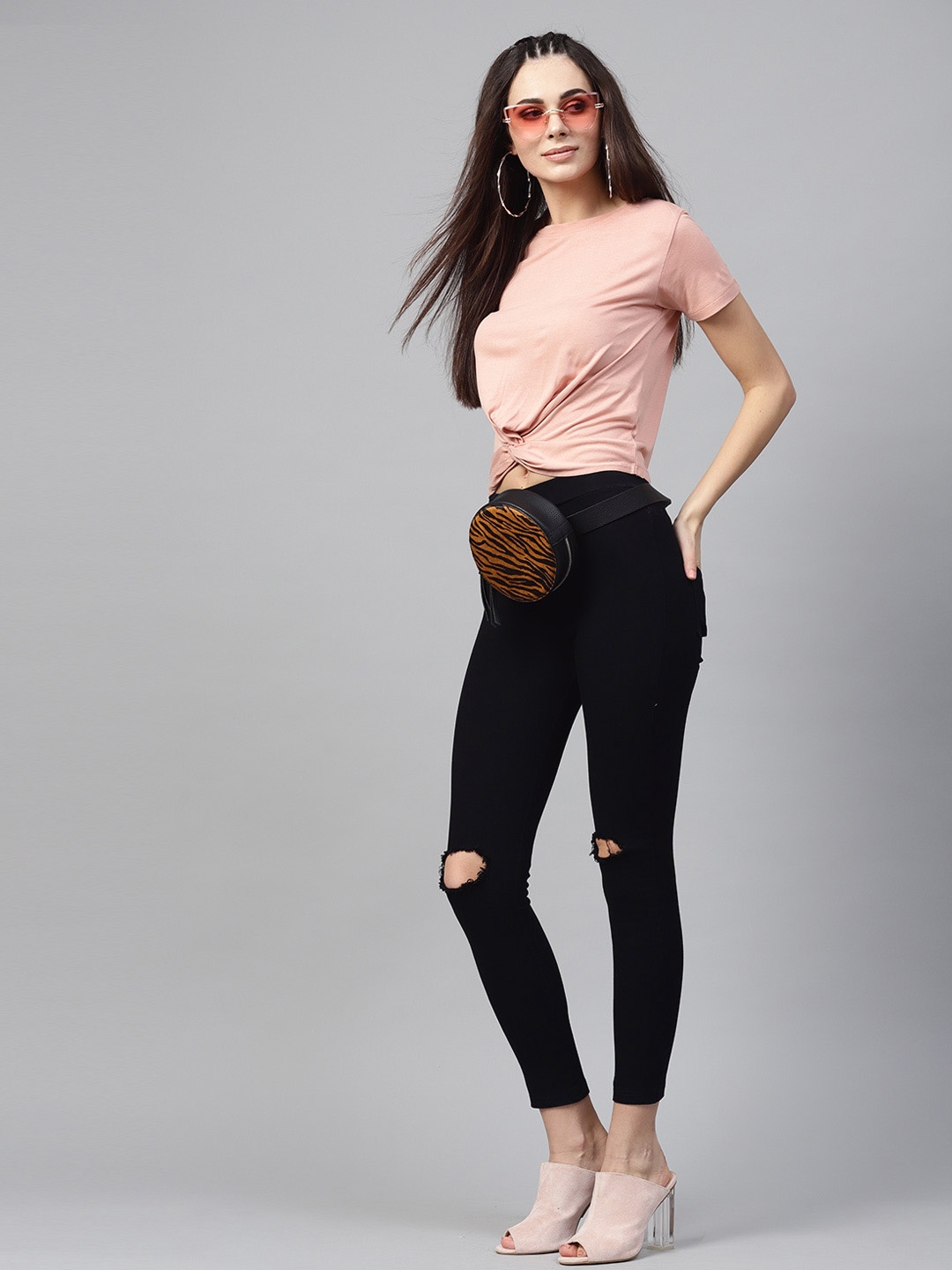 

SASSAFRAS Women Black Slim Fit Solid Slash Knee Cropped Jeggings