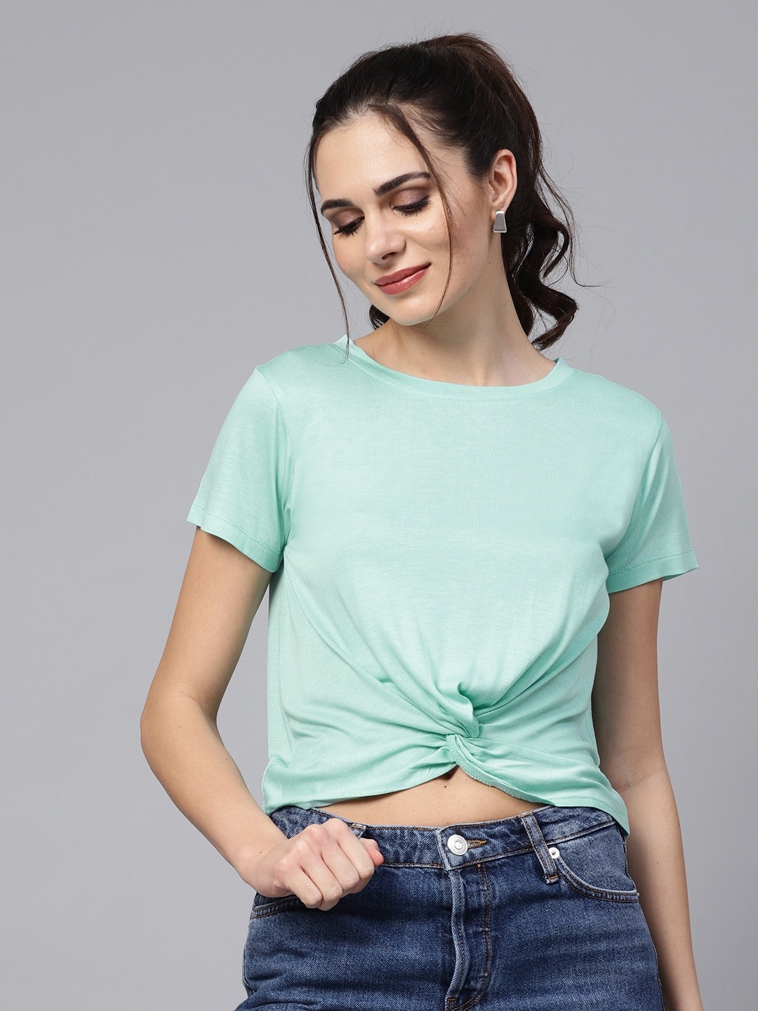 

SASSAFRAS Women Sea Green Solid Crop Top
