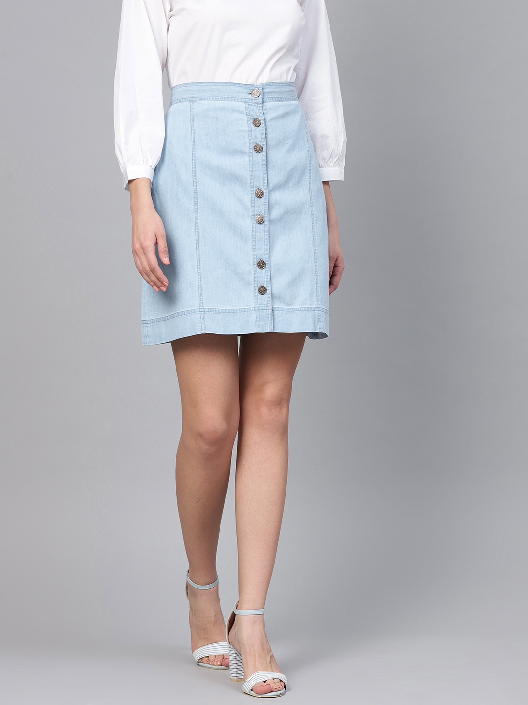 

SASSAFRAS Women Blue Solid Denim A-Line Pure Cotton Skirt