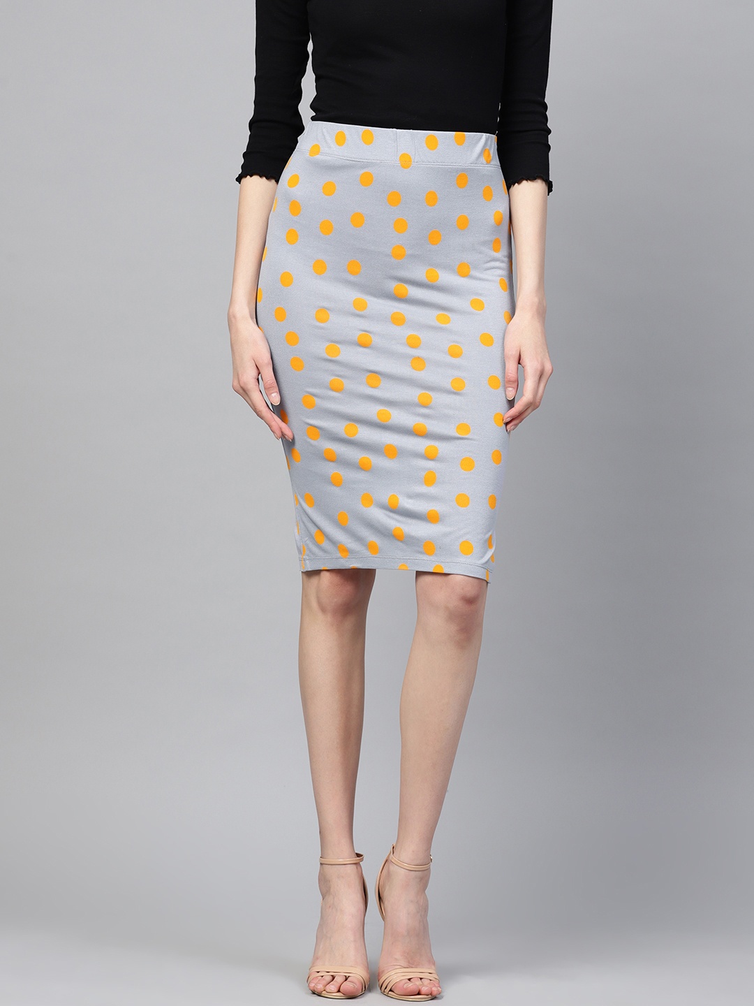 

SASSAFRAS Women Grey & Mustard Yellow Polka Dot Print Pencil Skirt