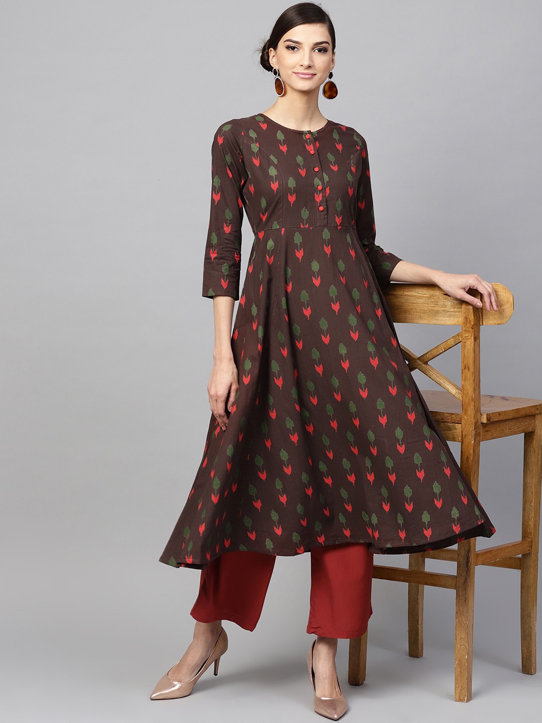 

SASSAFRAS Women Brown & Red Printed Anarkali Kurta