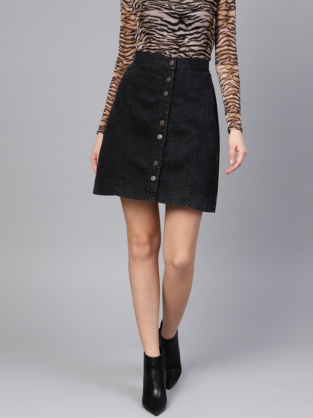 

SASSAFRAS Black Denim A-Line Pure Cotton Skirt