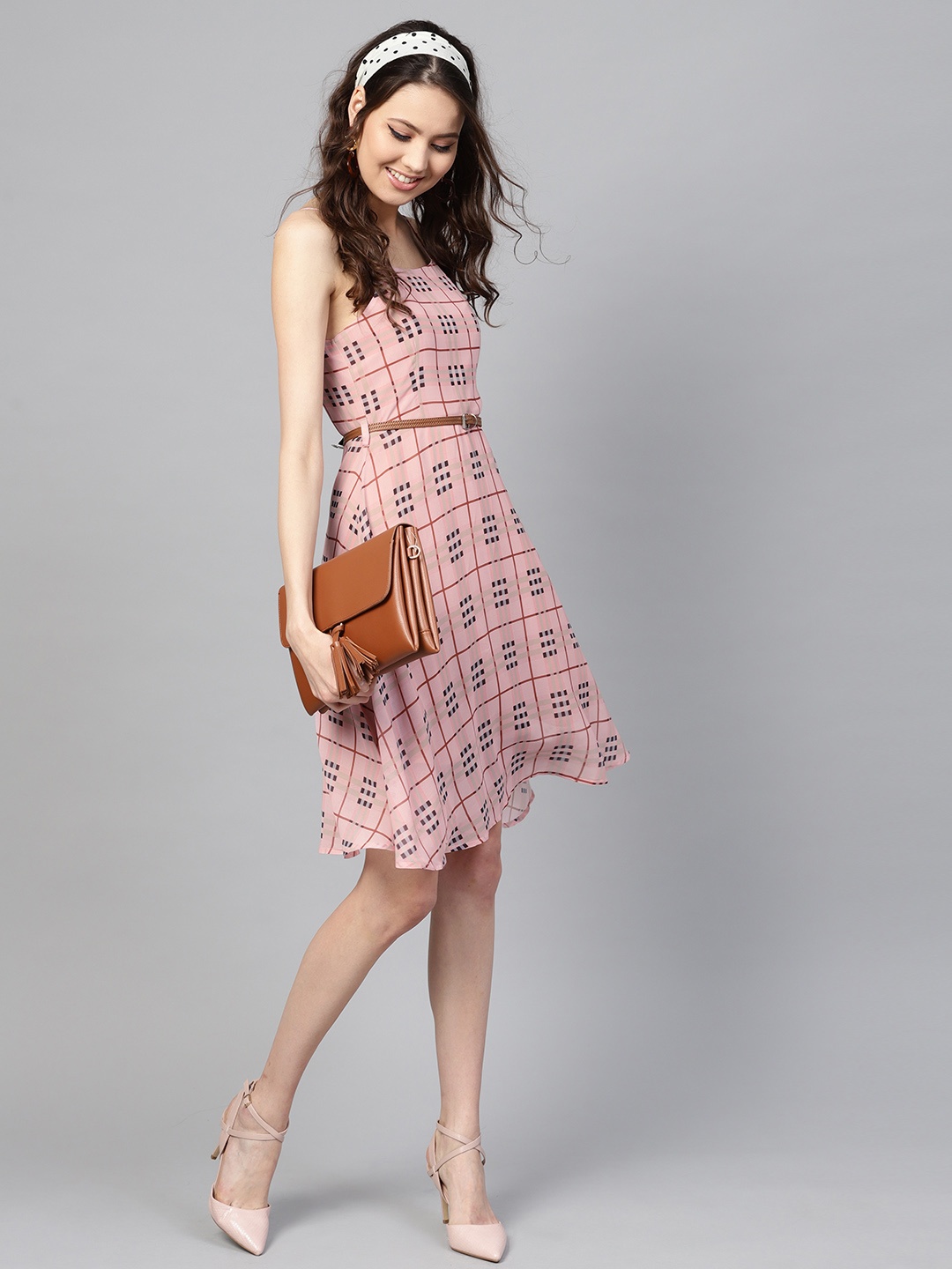 

SASSAFRAS Women Dusty Pink & Black Checked Fit & Flare Dress