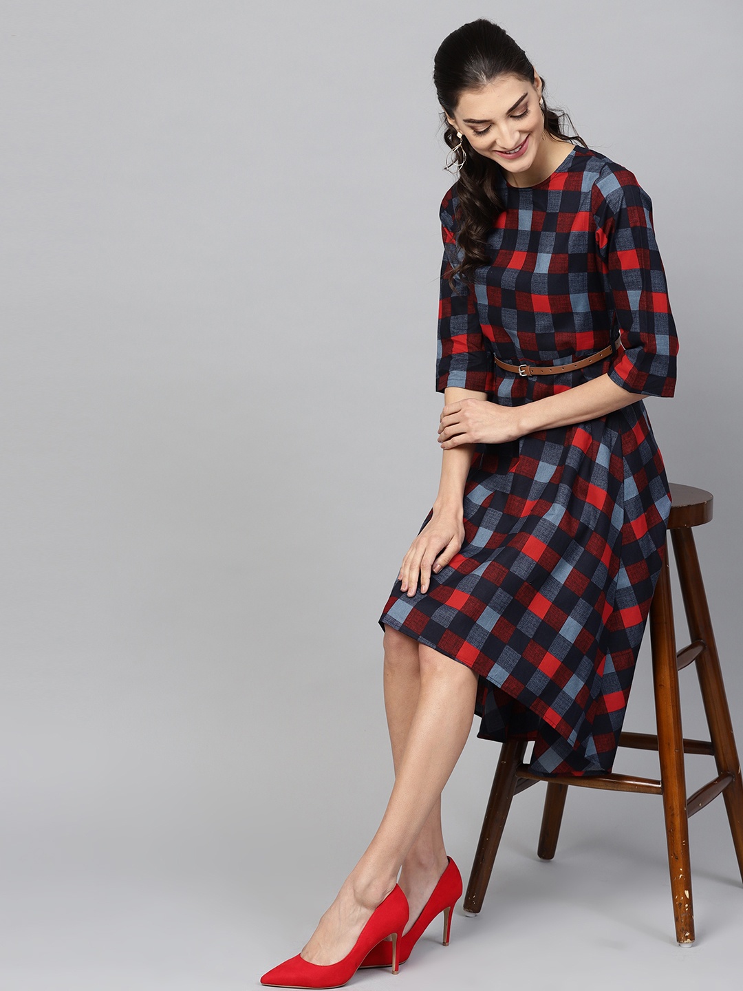 

SASSAFRAS Women Red & Navy Checked A-Line Dress