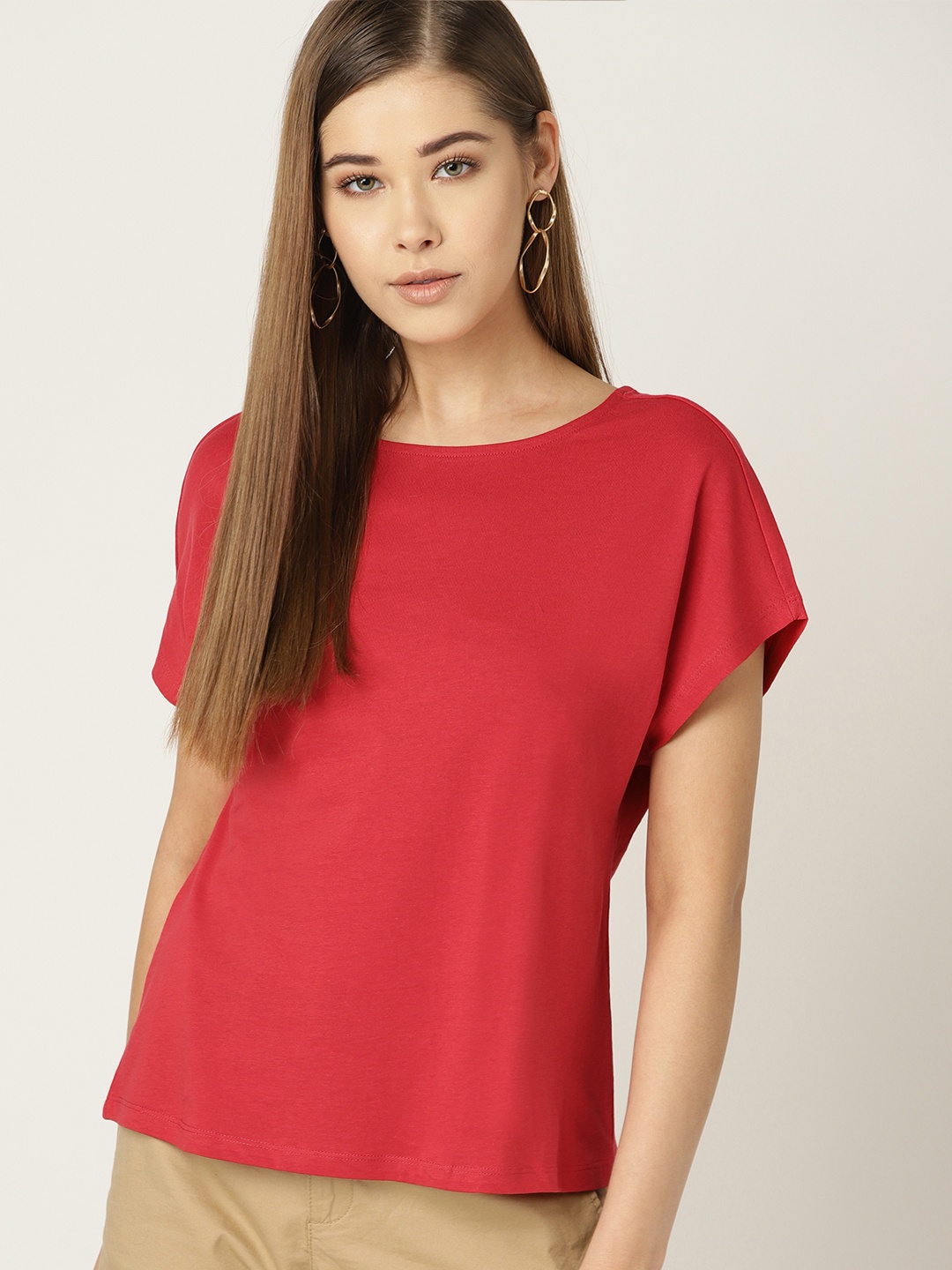 

MANGO Women Red Solid Styled Back Pure Cotton Top