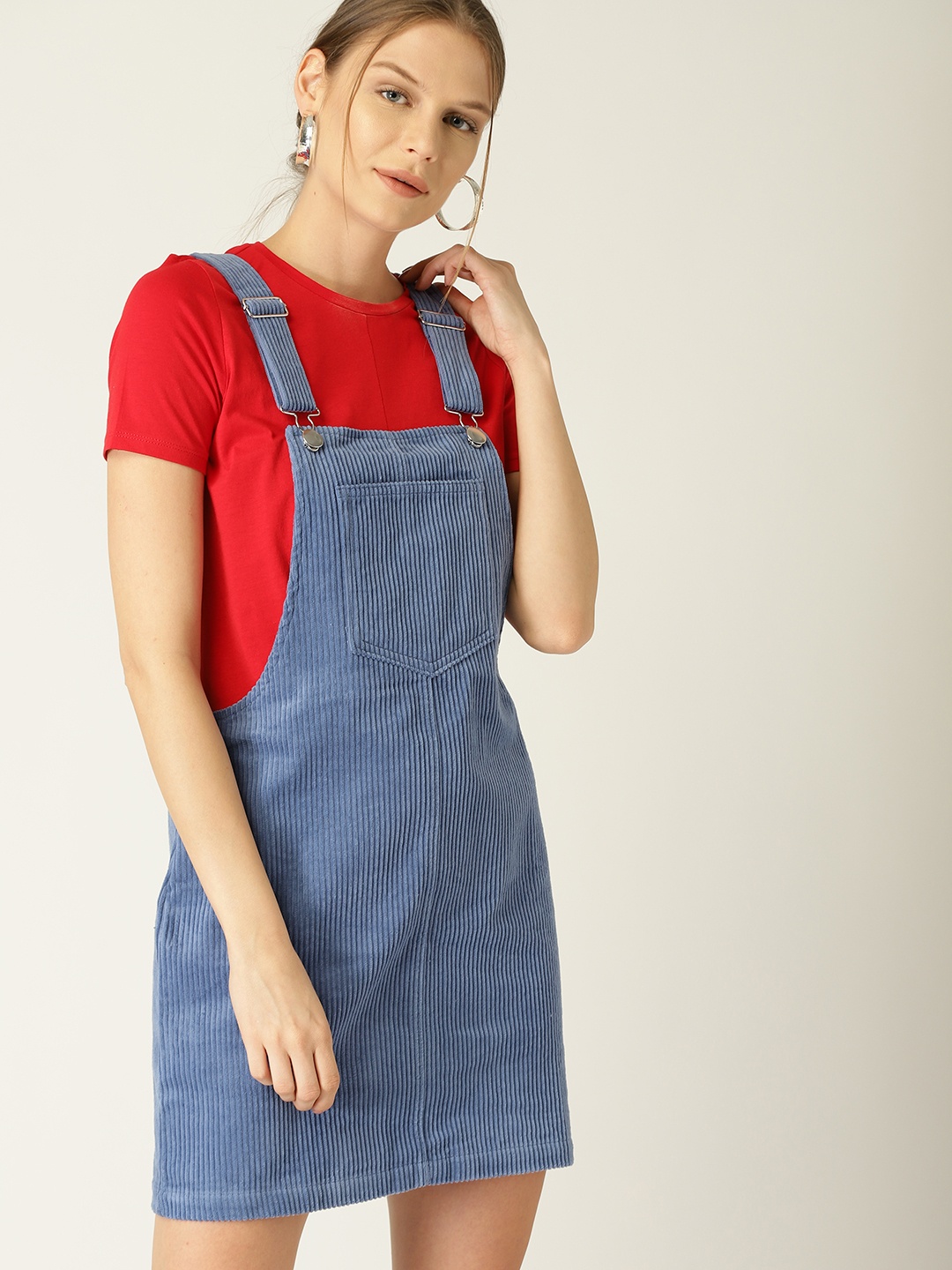 

MANGO Women Blue Solid Corduroy Pinafore Dress