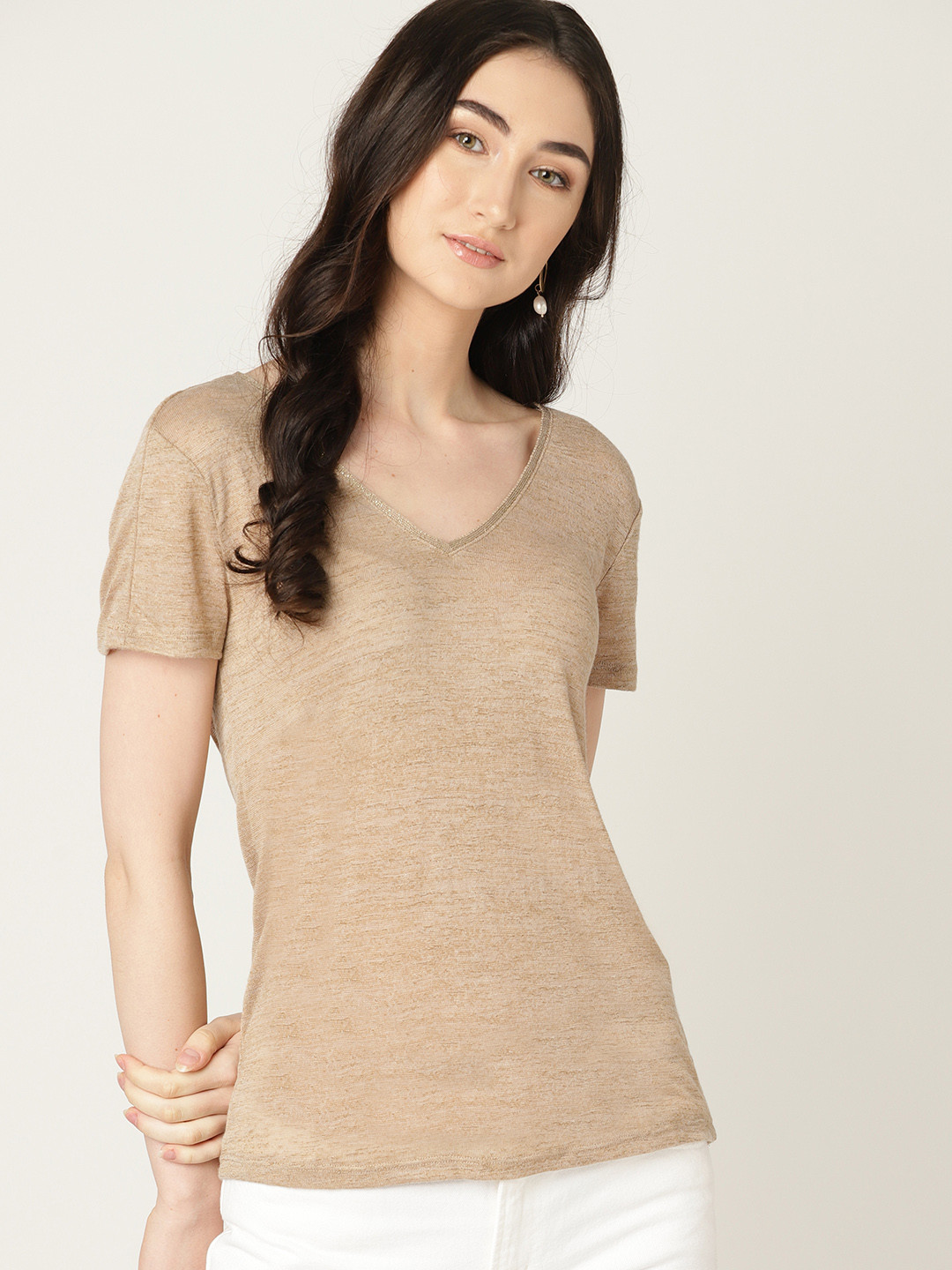 

MANGO Women Beige Solid V-Neck T-shirt