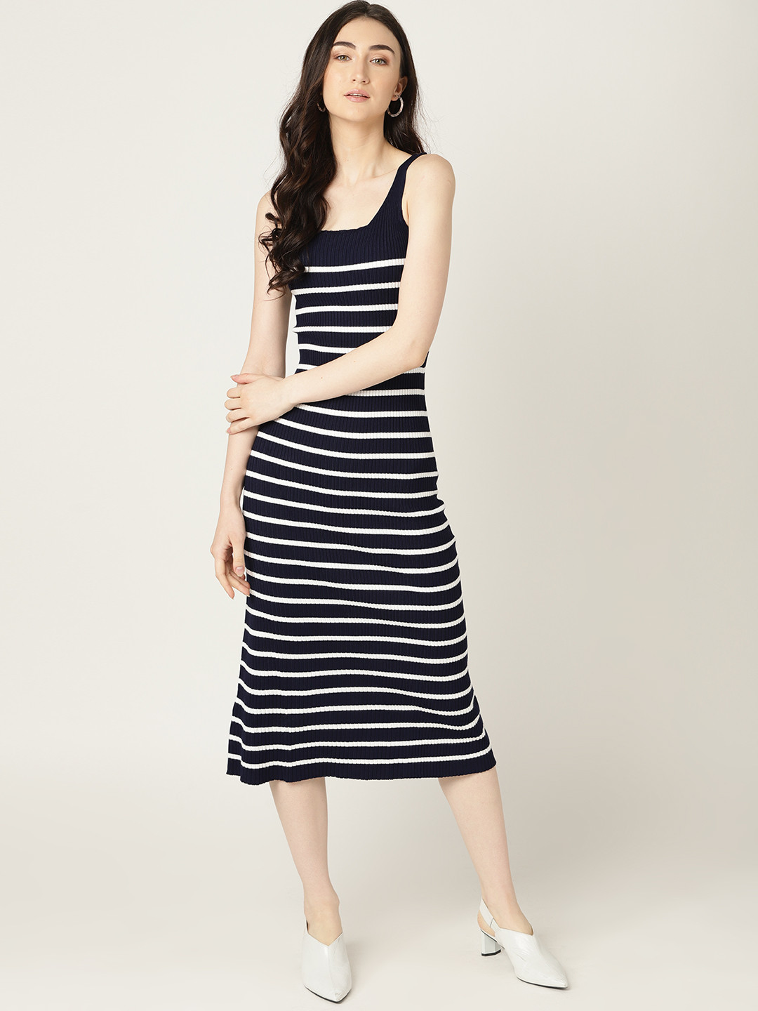 

MANGO Navy Blue & White Striped Sheath Midi Dress